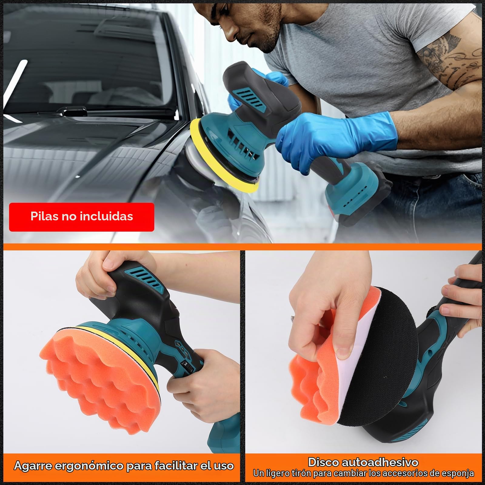 Pulidora a batería compatible con Makita 18V batería, pulidora de coche 15cm con 12 accesorios, pulidora excéntrica de 6 velocidades variables 2500-5000RPM para detallar/pulir (sin batería)