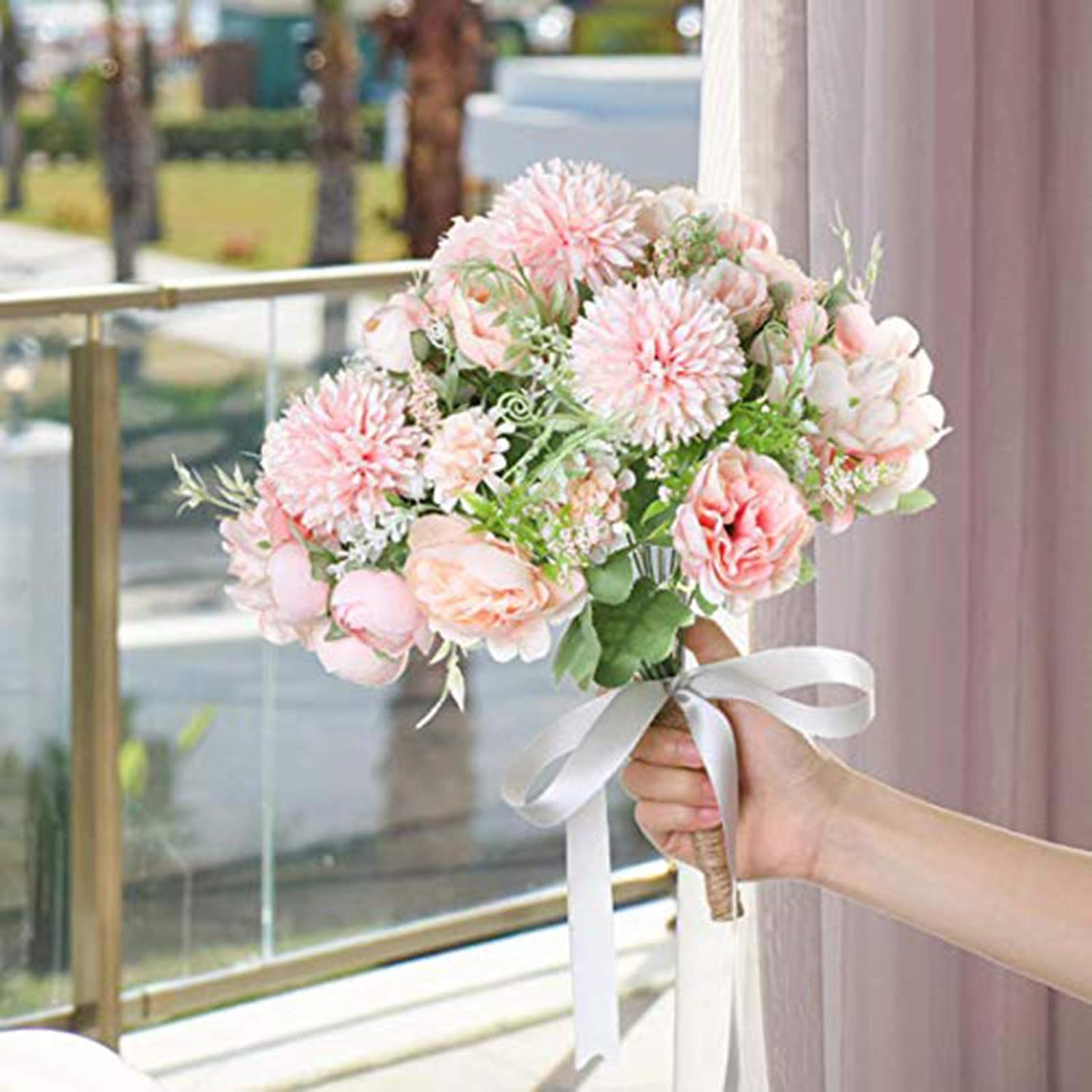 DDcafor 6 Pack Artificial Flowers, Fake Faux Peony Silk Hydrangea Plastic Carnations Daisy Realistic Flower Arrangements for Wedding Decoration Table Centerpieces, for Home Office Party Decor (Pink)