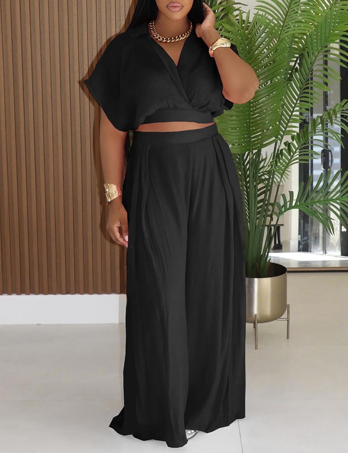 Yuopeid Two Piece Sets for Women Lapel V Neck Waisted Loose Top and High Waisted Stretchy Wide Leg Pants - Image 2