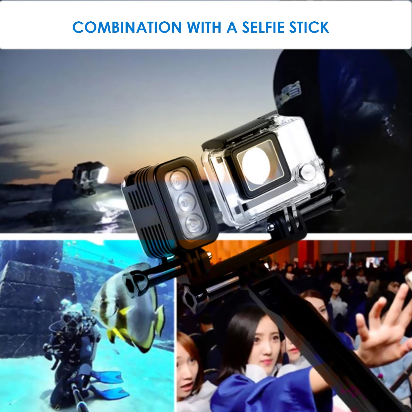 Yunseity Luz de Buceo para Gopro, Xiaomi Yi, Cámaras de Acción, Luz de Relleno de Luz Subacuática Regulable Impermeable de 147 Pies, Luz de Video LED Recargable por USB