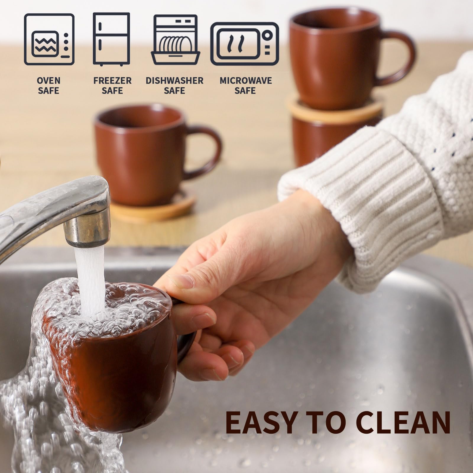 Hasense Stapelbare Mini-Espressotassen und Untertassen aus Porzellan, 118 ml, Keramik, klein, Demitasse, Espressotassen mit Deckel, für Nespresso, Lungo, Latte, Café, Mokka und Tee, Braun, 6 Stück