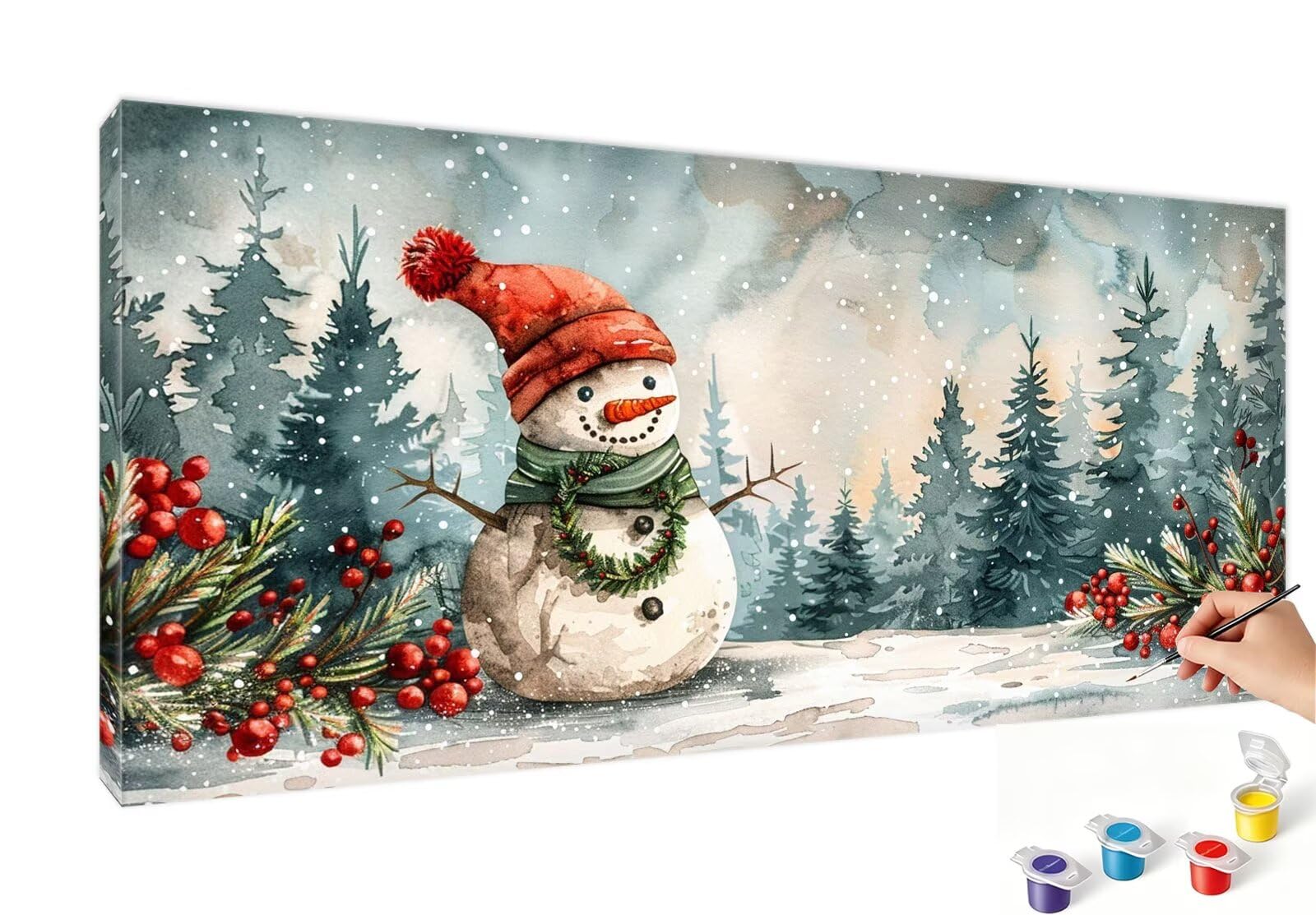 Malowanie według liczb XXL, bałwan, malowanie według liczb, dla dorosłych, choinka 90 x 180 cm, bez ramki, zestaw do malowania liczbami akrylowymi i pędzlami, niegniotące się płótno, dekoracja