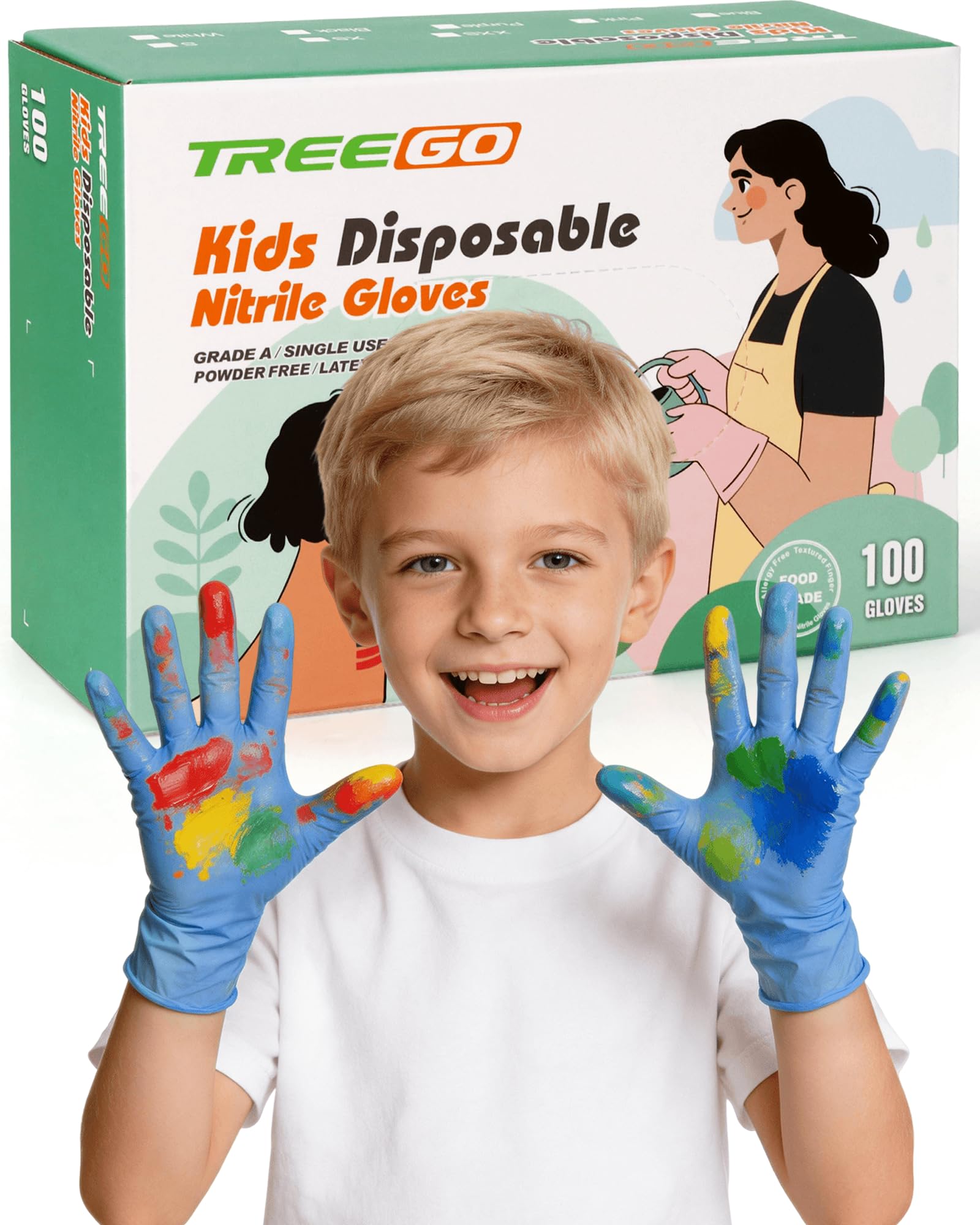 TREEGO Blue Kids Nitrile Gloves, Latex Free, S, 100 Count