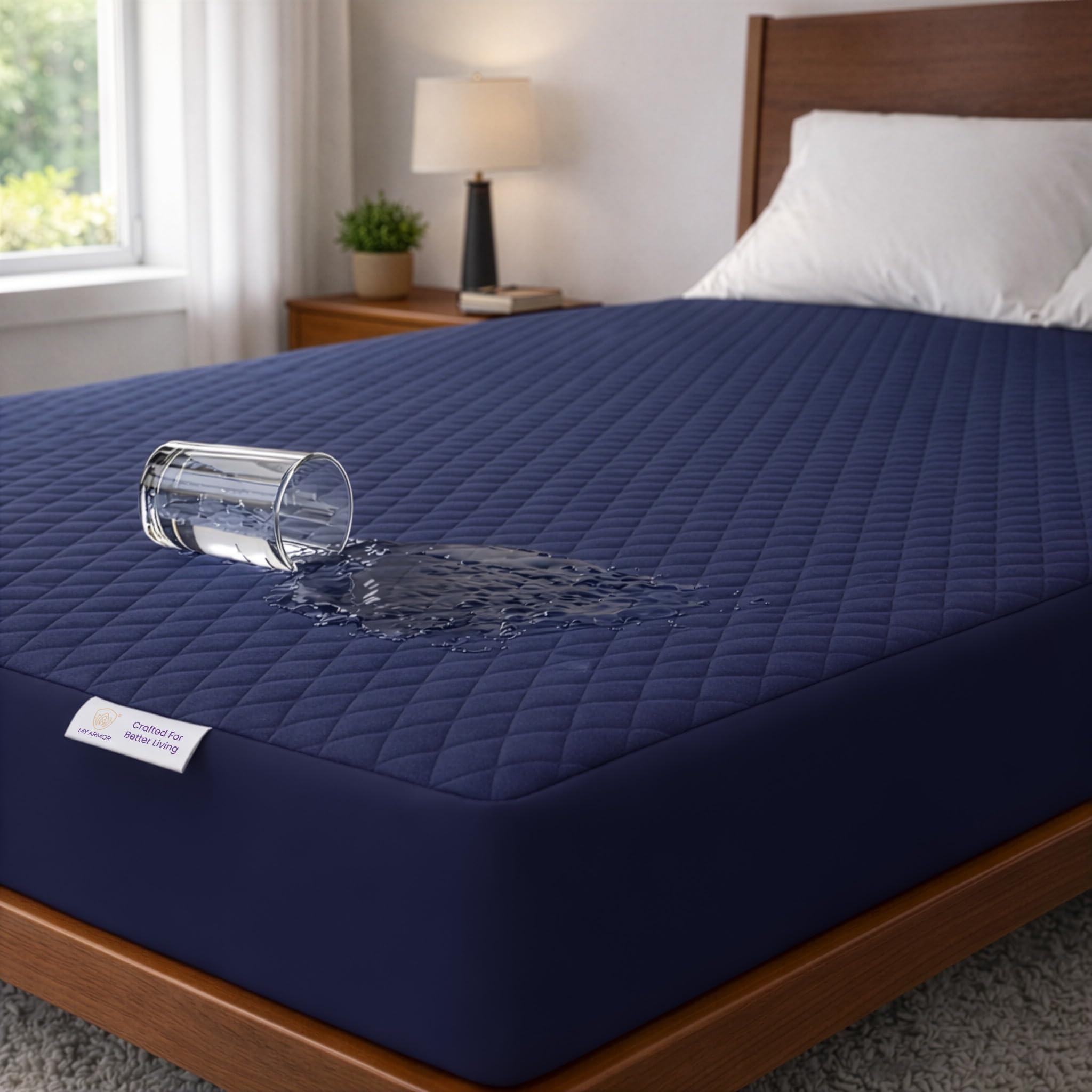 MY ARMOR Waterproof Quilted Mattress Protector Twin Size 72x72 Inch, Soft Cotton Cover, Breathable Noiseless Ultra Soft Bed Protector with Elastic Skirting (6x6 ft, Twin) – Navy Blue