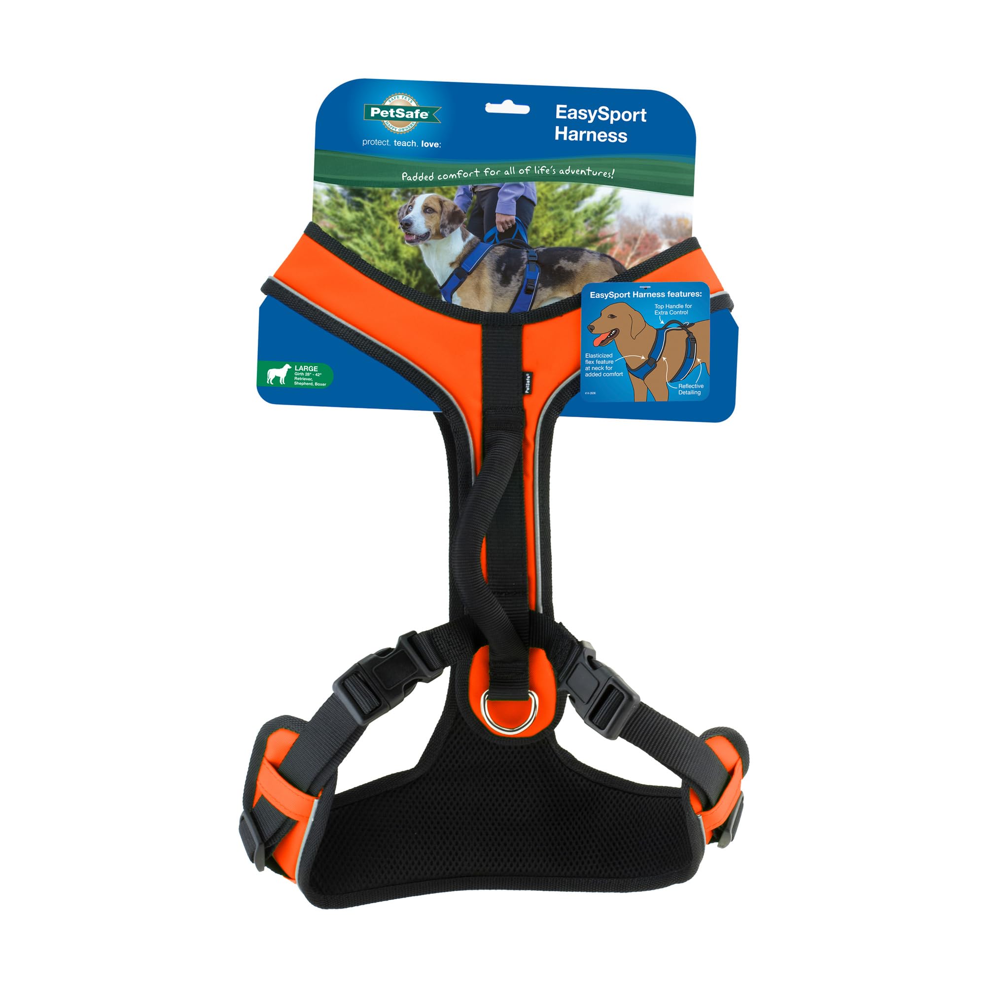 PetSafe EasySport Harnais rembourré réglable pour Chien avec poignée de contrôle et Passepoil réfléchissant Orange Taille L