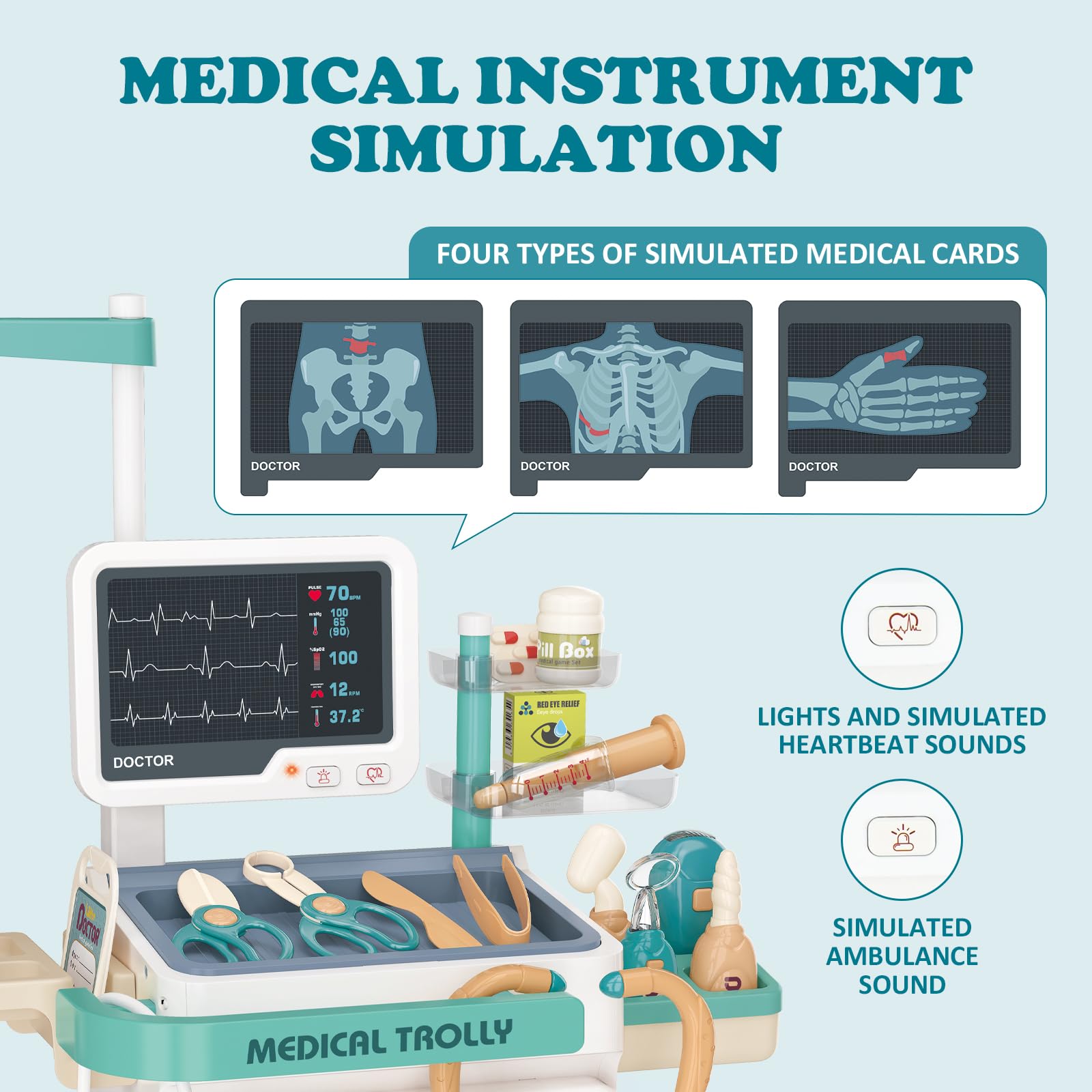 RedCrab Jouet Set Docteur Enfant, Chariot Médical Jeu Prétendant avec 26 Accessoires: Stéthoscope et Équipement Médical, Jeu de Rôle Éducatif Cadeau Jouet pour Enfant 3 Ans + Garçons Filles