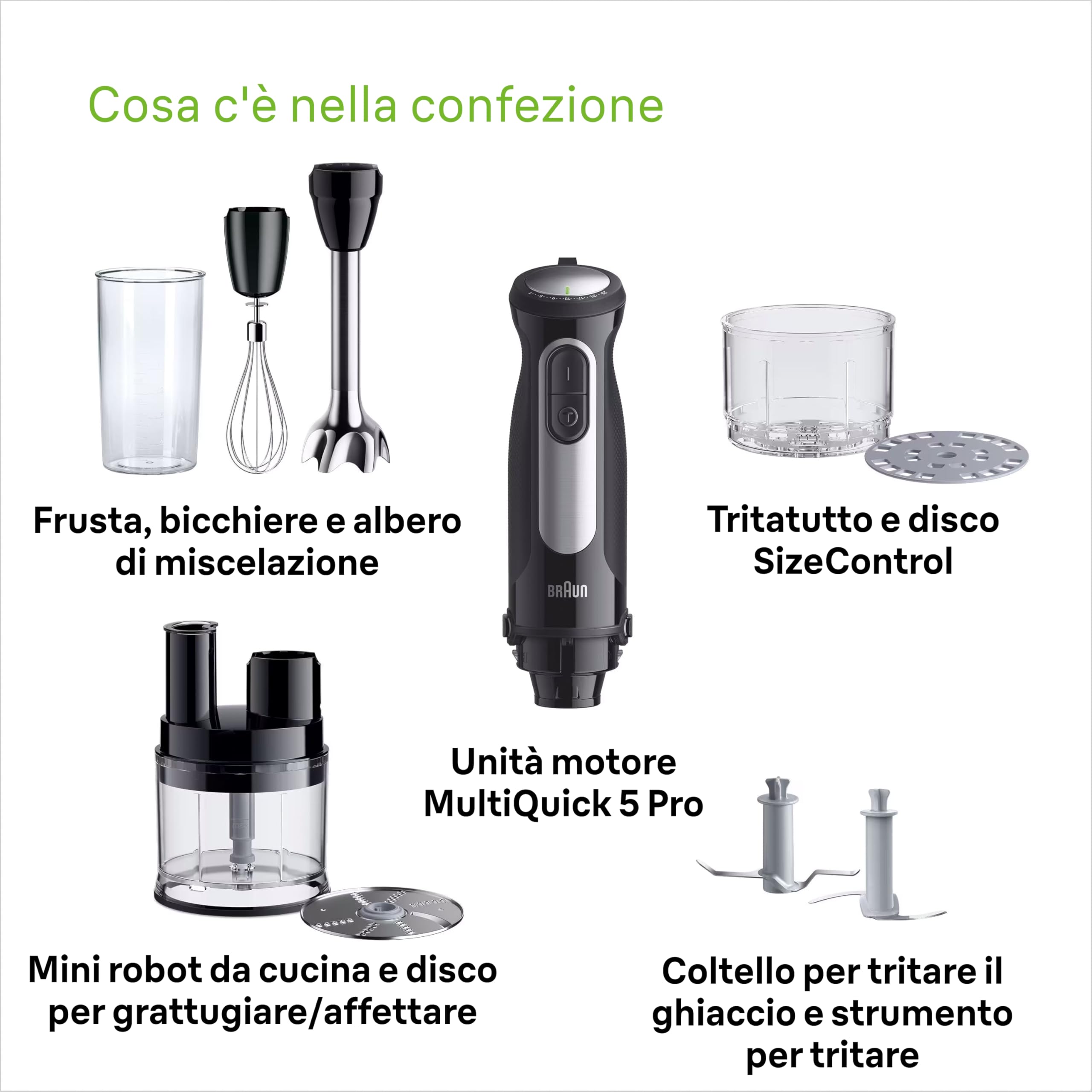 Braun Multiquick 5 Pro MQ55755M MINIPIMER CON 5 ANNI DI ASSISTENZA, 25 velocità di lavorazione, Antischizzo, 3 accessori, NUOVO ACCESSORIO ROBOT, 1000watt, Nero