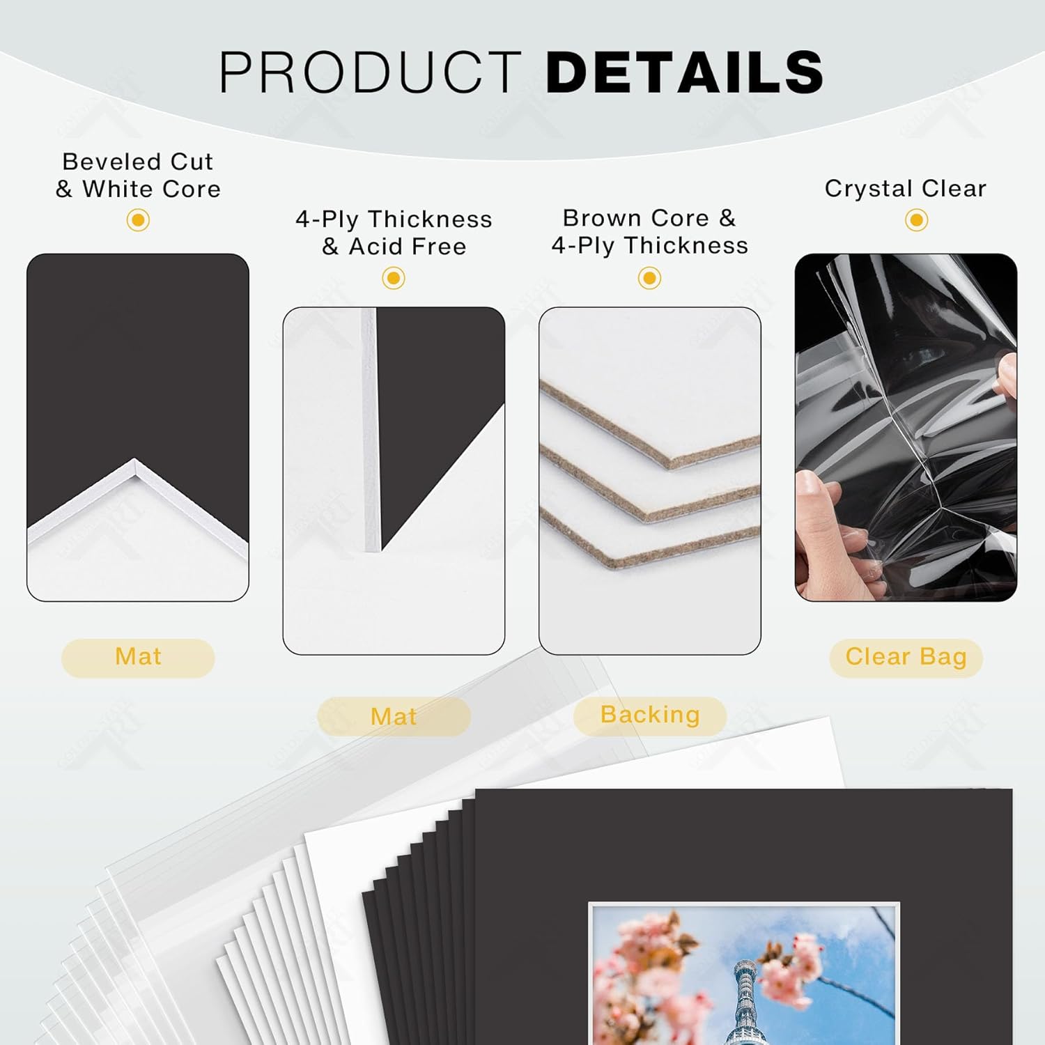 Golden State Art, Pack of 25, Pre-Cut 8x10 Black Picture Mat Kit for 5x7 Photo, 25 White Core Bevel Cut Mattes, 25 Backing Boards and 10 Clear Bags