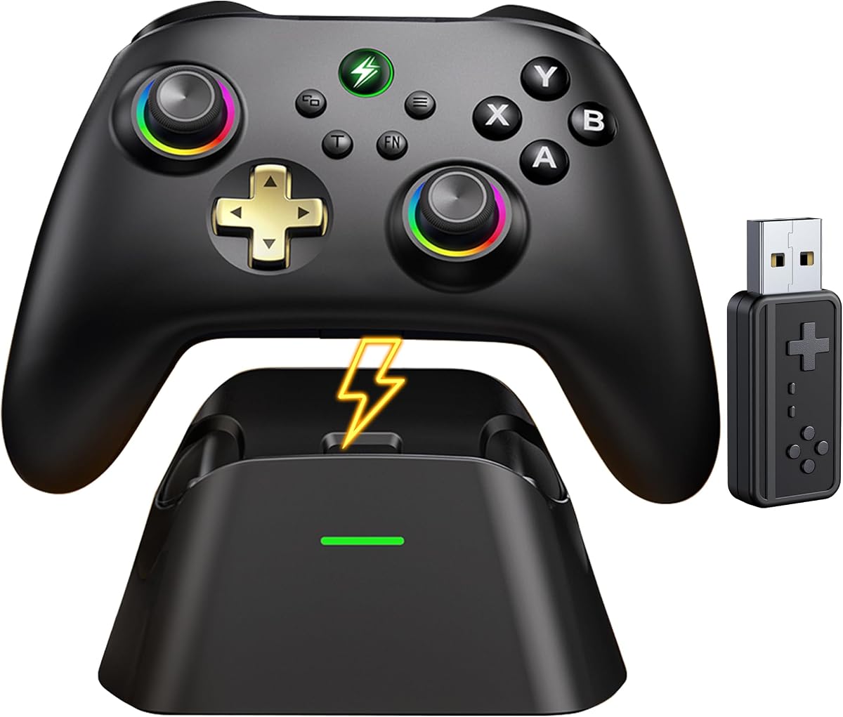 Wireless PC Controller with Charging Dock, Hall Effect Joysticks No Drift, 1000Hz Polling Rate Gamepad for Windows PC/Switch/Android/iOS, Programmable Back Buttons, RGB Light