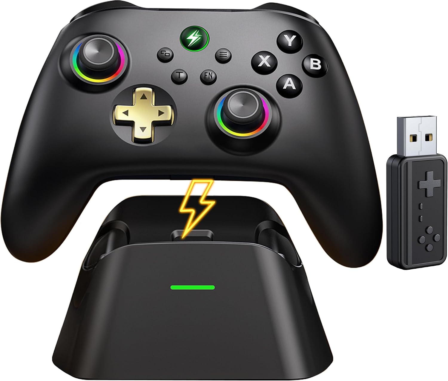 Wireless PC Controller with Charging Dock, Hall Effect Joysticks No Drift, 1000Hz Polling Rate Gamepad for Windows PC/Switch/Android/iOS, Programmable Back Buttons, RGB Light