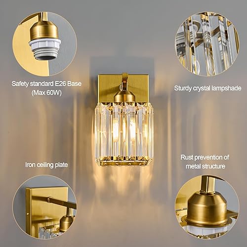 Miniatura 6 de Juego de dos apliques de pared modernos para interiores, apliques de pared dorados, lámpara de pared de cristal, accesorios de tocador de baño,