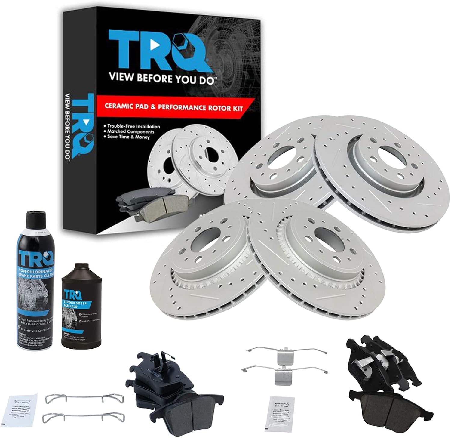 TRQ Front and Rear Performance Brake Pad & Rotor Kit Brake Chemical Kit Brake Pads Brake Rotors Set Ceramic Premium G-Coated Compatible with 2003-2013 Volvo XC90