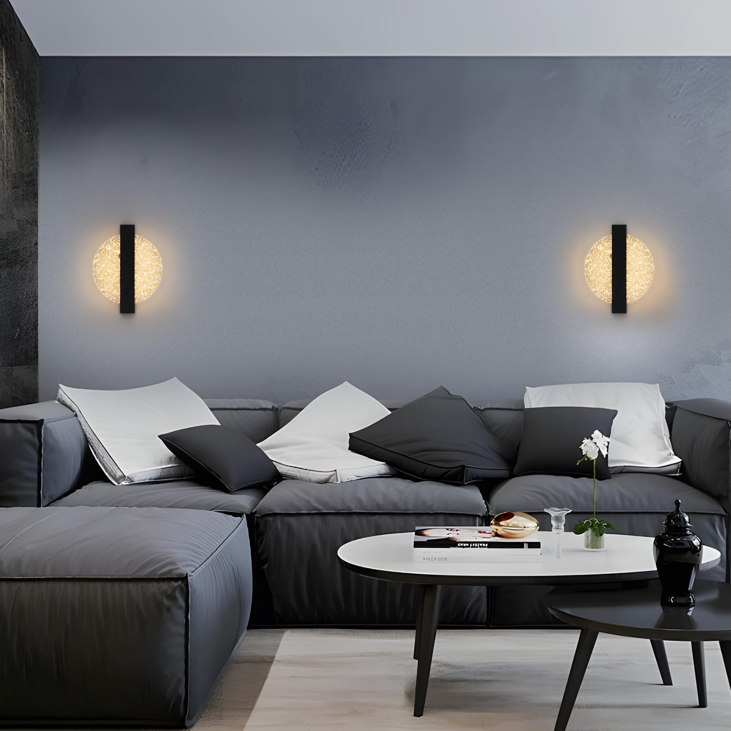 Comely Applique da Parete Interno LED, Nero 12W 1500LM Design Creativo Rotondato Lampada da Parete Moderno, Lampada Muro LED Interno per Camera da Letto Soggiorno Corridoio Scale,Bianco Caldo 3000K