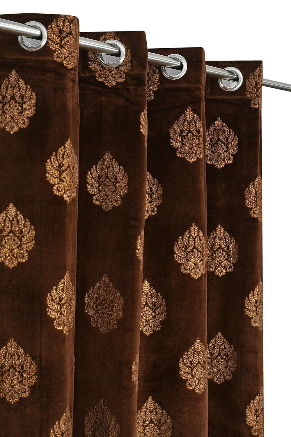 IVAZA Luxurious Velvet Blackout Curtain with Eyelet for Living Room & Bedroom|Gold Foil Printed Kesar Royale Pattern|Elegant Home Décor|Light-Blocking Drapes Small Window- 2 Feet (Pack of 1) Coffee-image-19