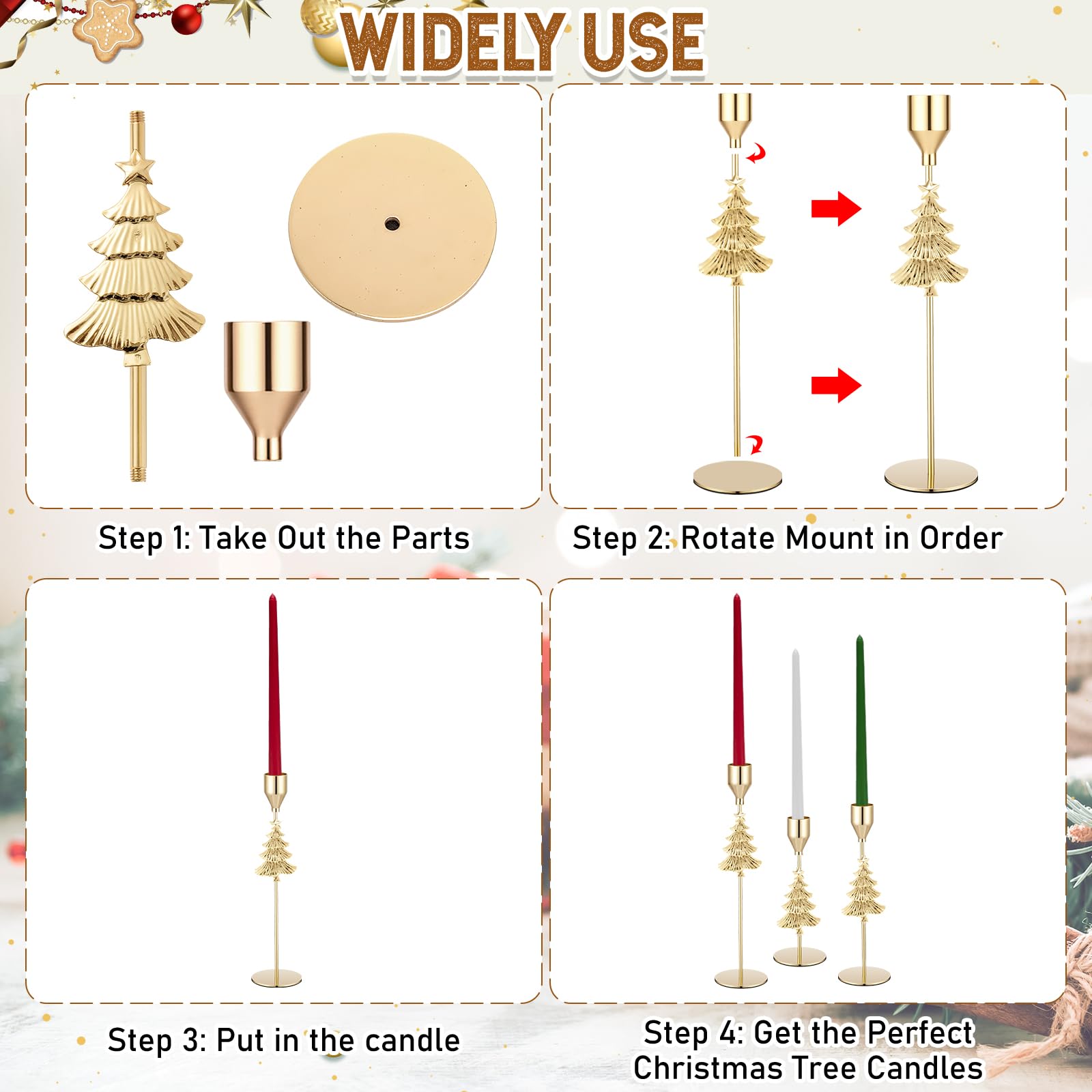 Ziliny 6 portavelas de metal dorado para árbol de Navidad, portavelas alto para Navidad, boda, inauguración de la casa, mesa de repisa, centro de mesa decorativo, 3 tamaños