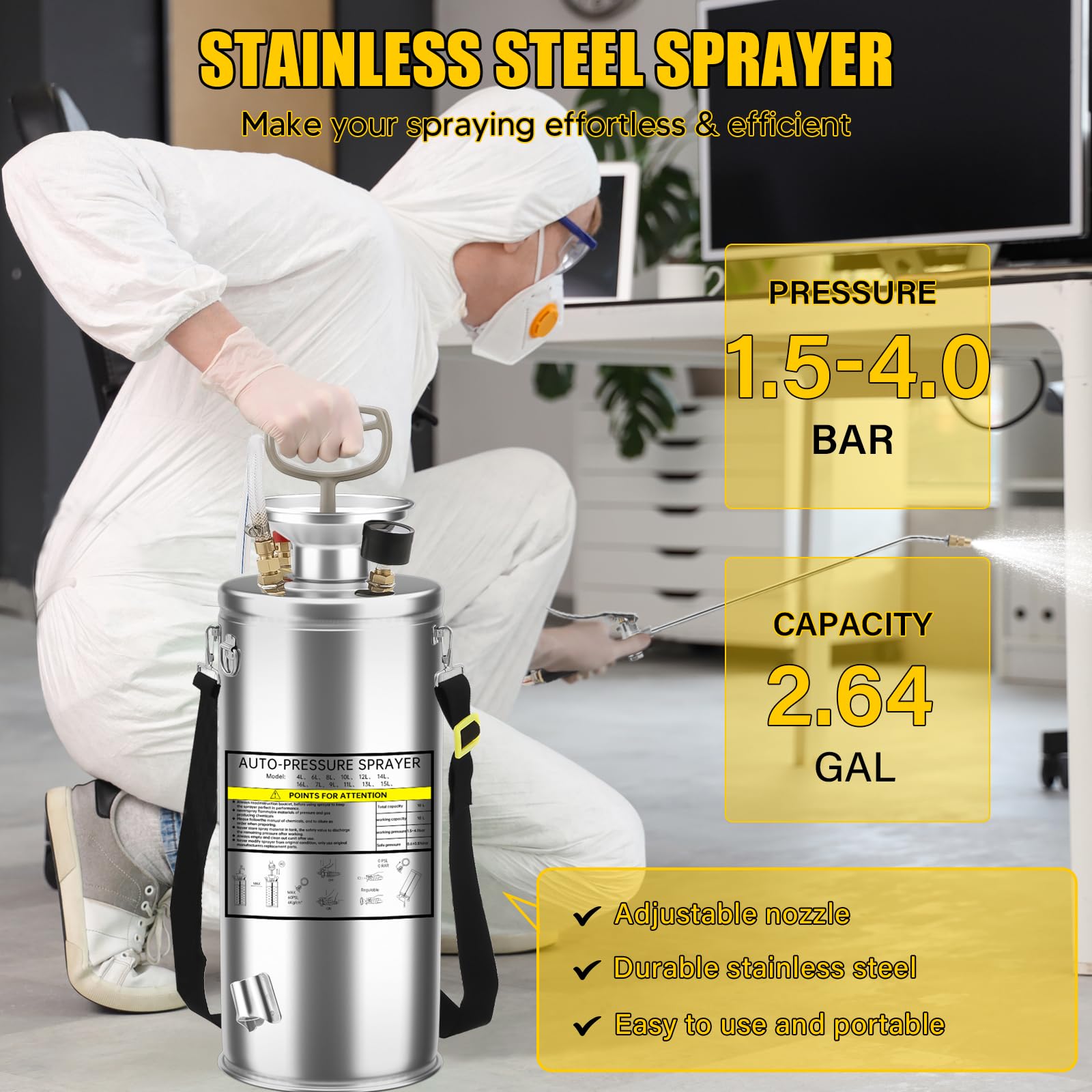 Drucksprüher 10L Edelstahl – Handspritze mit Manometer, Verstellbarer Messingdüse, für Garten, Rasen, Desinfektion & Reinigung