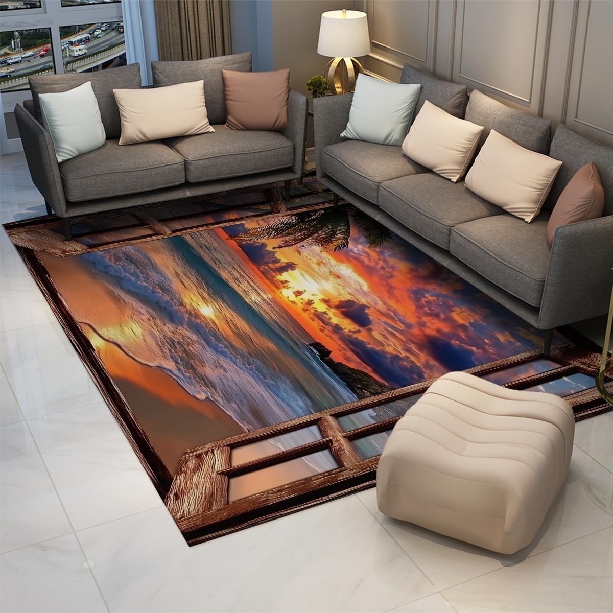 Dywan na okno 80 x 150 cm tropikalna plaża z rustykalną drewnianą ramą