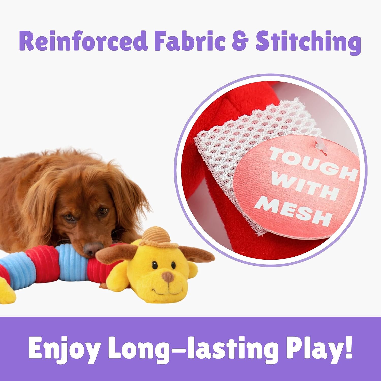 Patchwork Pet: Jumbo Dogapillar - 35" Long Plush Dog Toy, Yellow-Red-Blue Animal, 7 Squeakers, Reinforced Corduroy Fabric, Carry-Snuggle-Chew-Play image 4