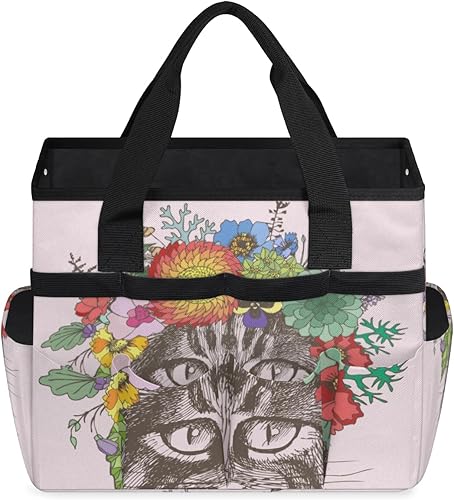 Miniatura 2 de Cat Floral Wreath Garden Tool Tote Bag for Women Men Gardening Tool Storage Bags with 10 Pockets Standable Garden Home Tool Kits Organizer for