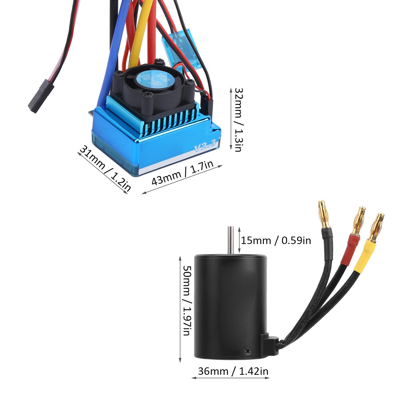 RC Car Motor ESC Combo, 80A bezszczotkowy ESC + 3650 2300KV bezszczotkowy silnik + karta programu nadaje się do 1:10 RC części do modeli samochodów
