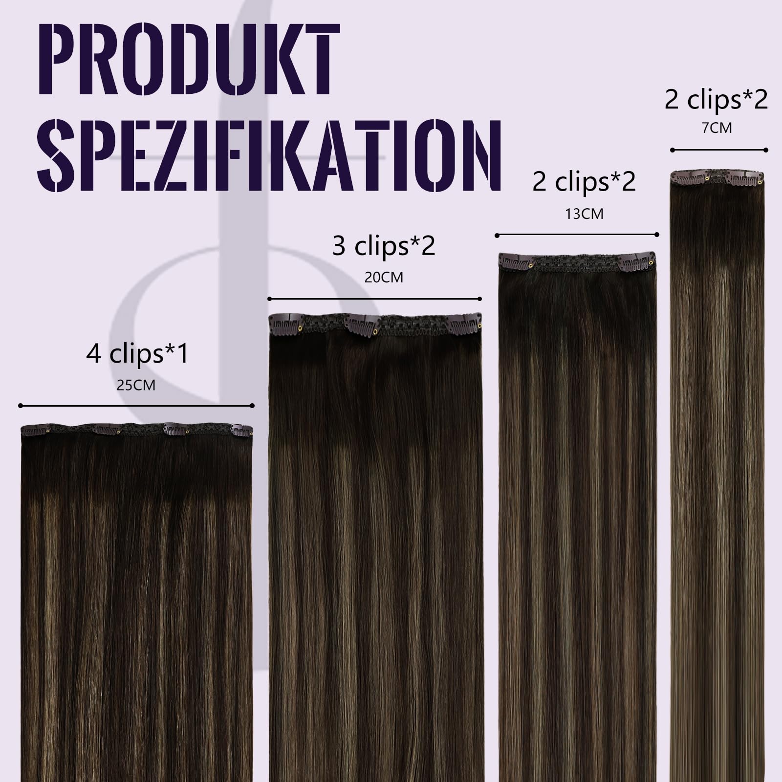 Clip in Extensions Echthaar, 50 cm, 7 Stücke 120 g, Balayage Dunkelbraun bis Kastanienbraun, Für den Alltag geeignet, Extensions Clip in Echthaar, Farbe 2 8 2