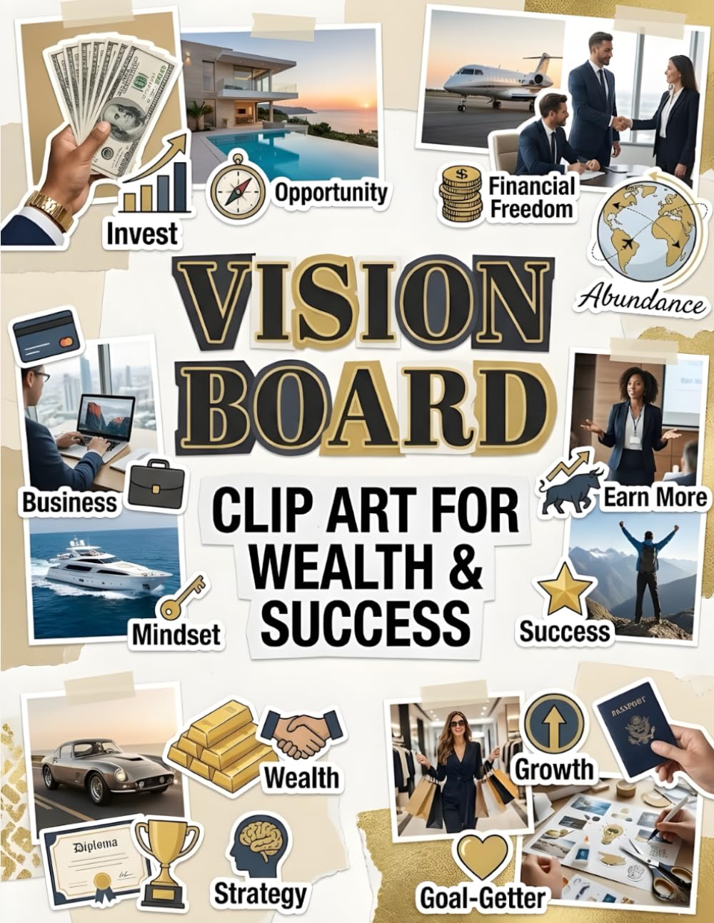 Vision Board Clip Art For Wealth & Success: Motivational Quotes, Money Mindset Cutouts & Goal-Driven Images to Attract Abundance, Prosperity & Achievement