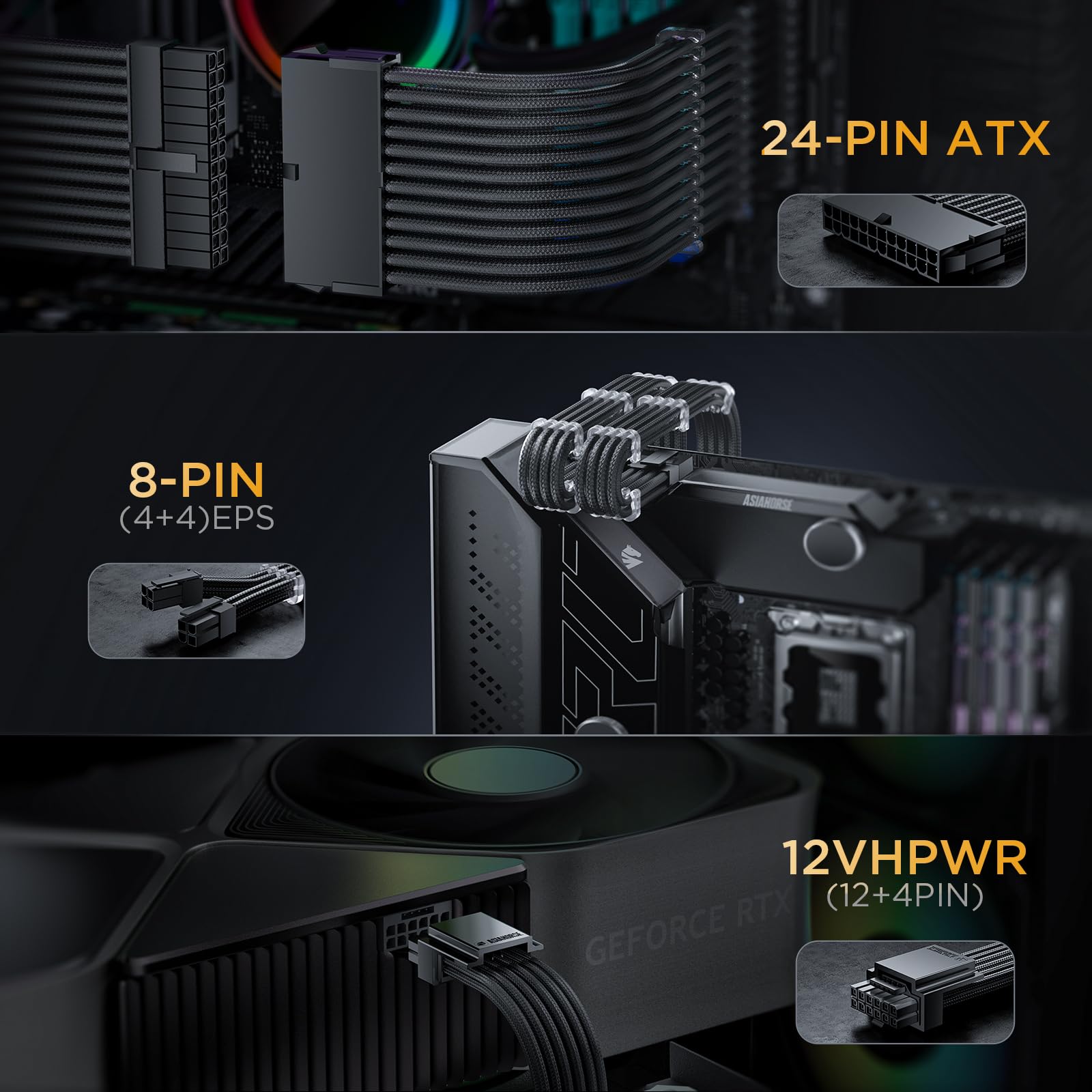 AsiaHorse PCIE 5.0 12VHPWR Zestaw kabli z oplotem, przedłużacz PSU 16AWG, PC Netzteil Sleeved Kable, kabel przedłużający 24PIN-ATX/(4+4) PIN-CPU/(12+4) PIN-GPU, 30CM, czarny