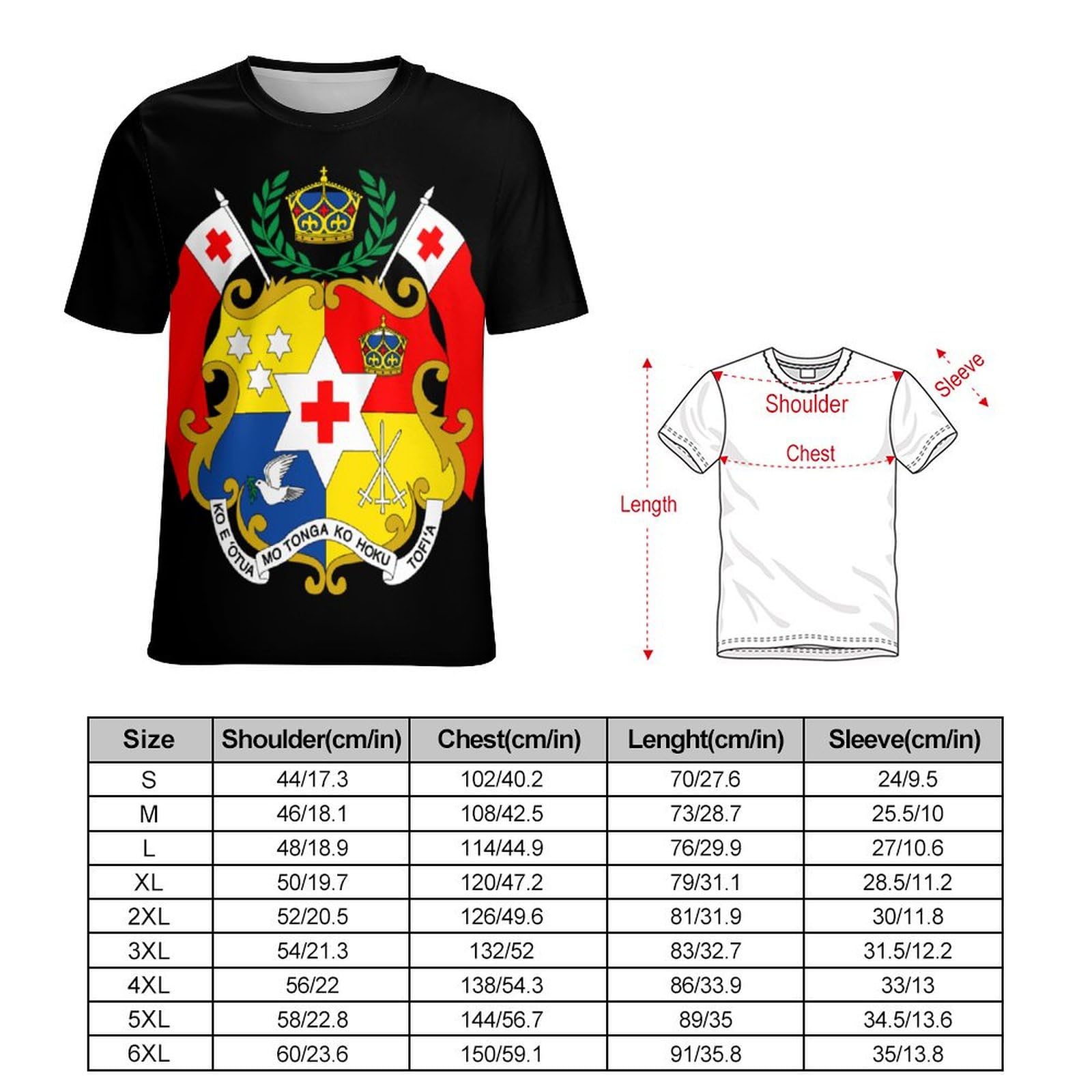 Coat of Arms of Tonga Unisex Adult T-Shirts Summer Short Sleeve Tee Casual Tops Funny Graphic 5XL