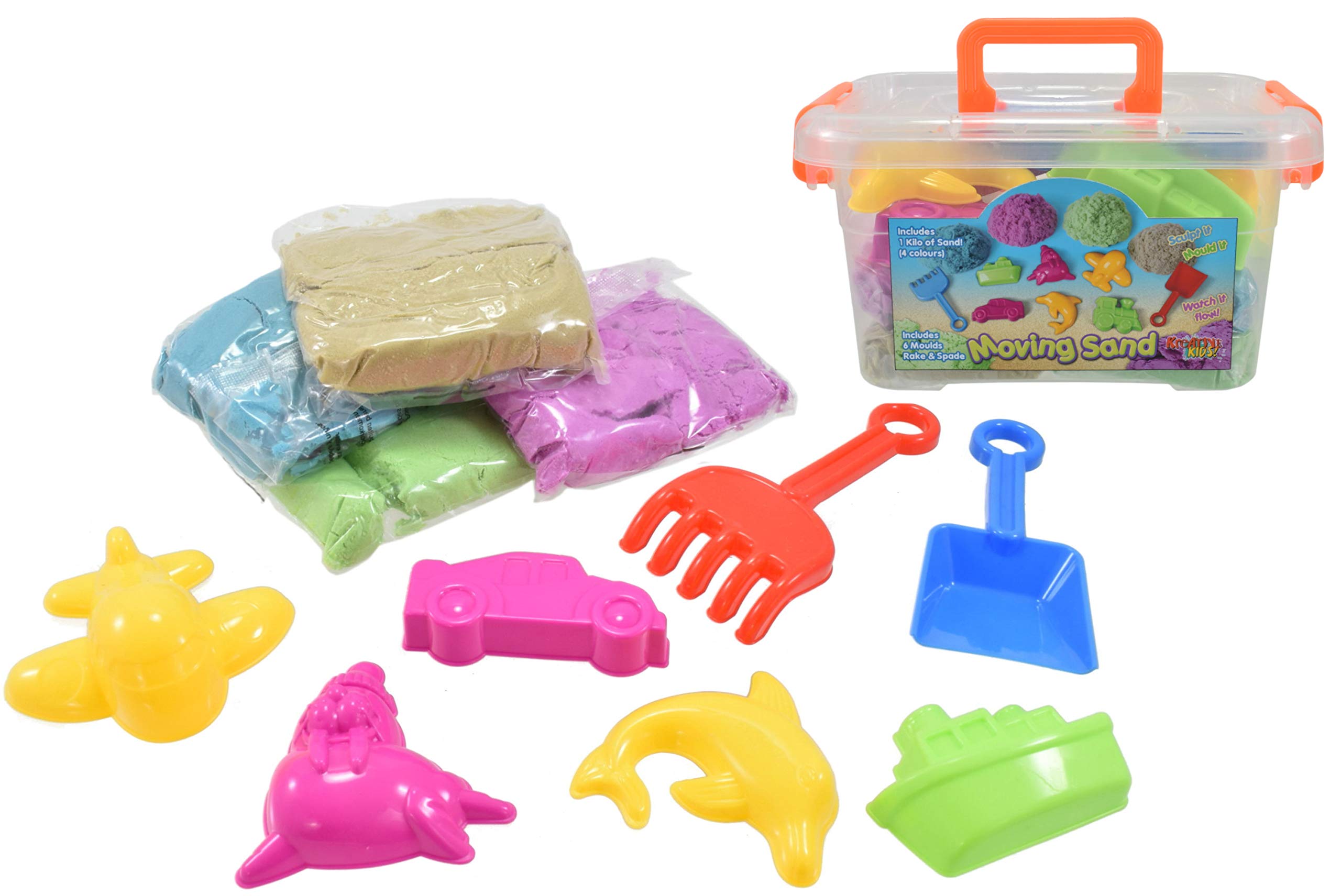 Kreative KidsSand Art Kit | Moving Coloured Sand with Accessories and Carry Case | Create 6 Coloured Moulds, Dolphin, Boat, Car and More | Kids Toys