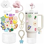 Stanley Cup Accessories Set Including 2 Pcs Straw Cover Cap for 9-10 mm Straws, 15 Pcs 3D Stickers, 2 Pcs Handle Charms, 1 Pcs Bling Silicone Boot Sleeve for Stanley Cup 40oz & 30oz Tumbler