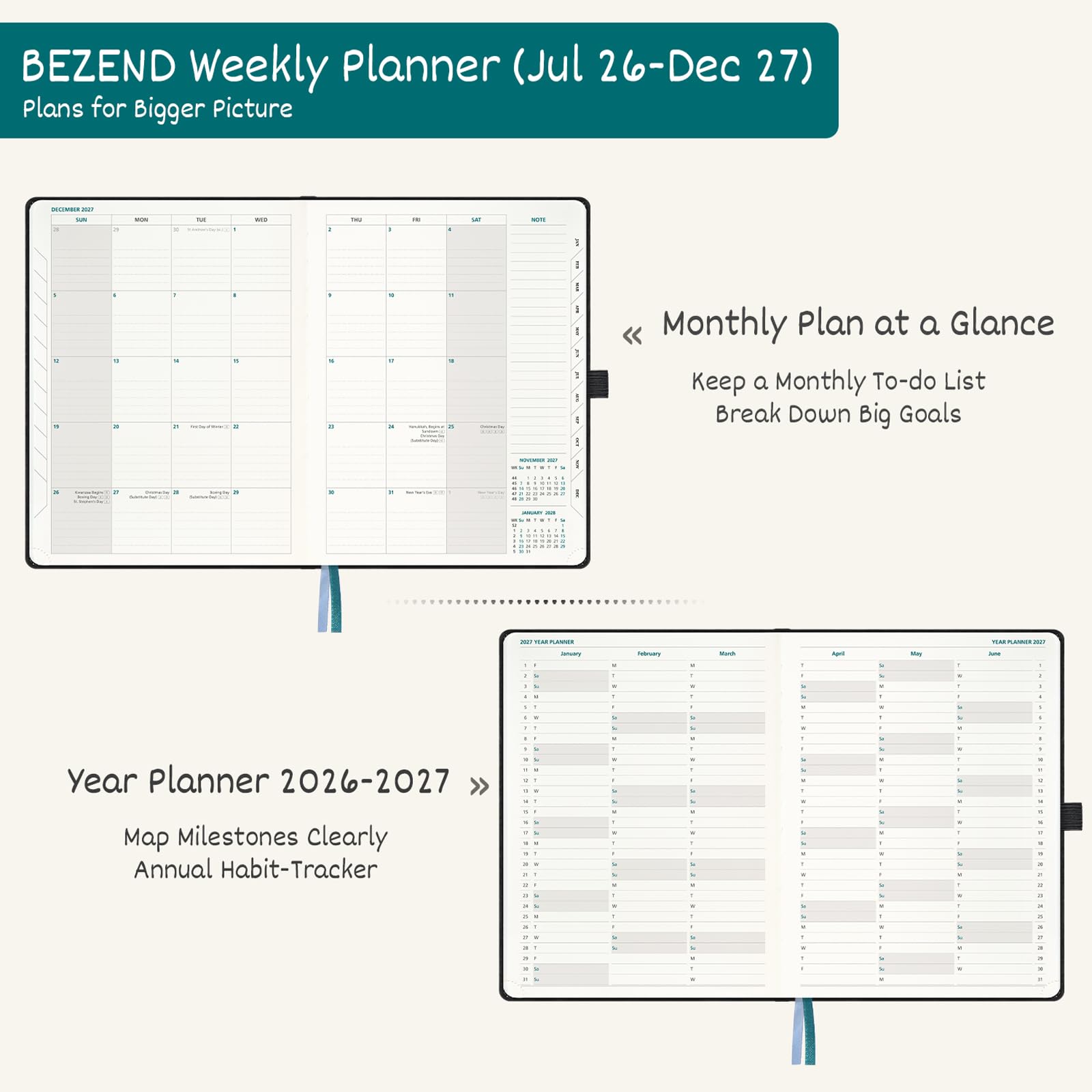 BEZEND Agenda settimanale 2026-2027 (21,6 x 27,9 cm), layout orizzontale (26 luglio-27 dicembre), calendario accademico 18 mesi e schede mensili, ideale per studenti, lavoro e casa, copertina rigida