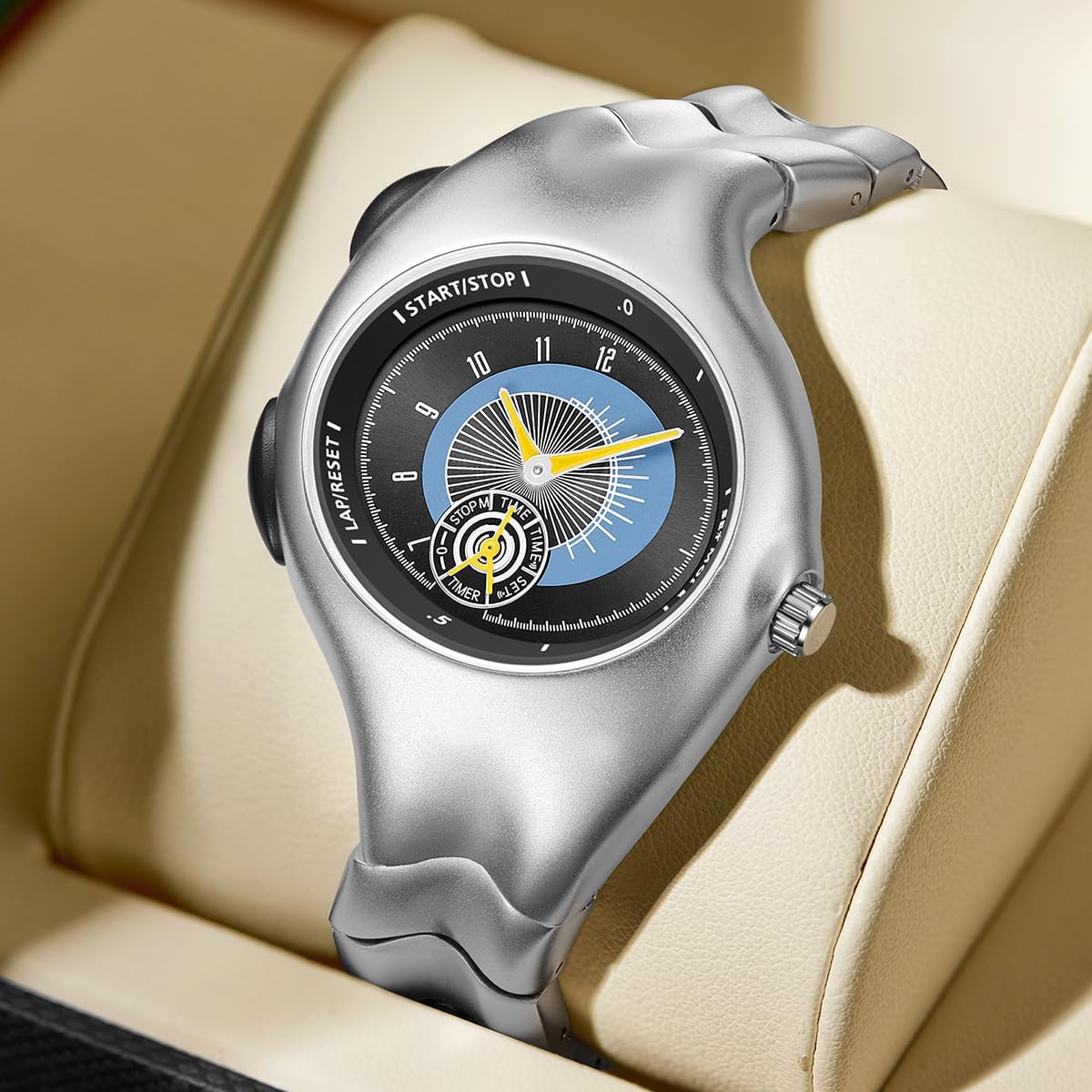 MASTOP Reloj de pulsera futurista de metal de cuarzo para hombres y mujeres, diseño moderno único con correa de acero inoxidable, esfera grande de 60 mm, reloj analógico deportivo de moda para regalo
