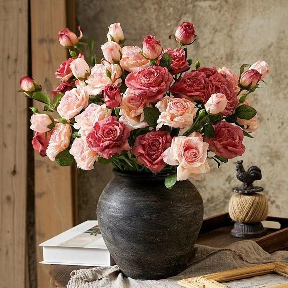 Roses artificielles en soie rose vintage | Bouquet de 5 fleurs pour décoration