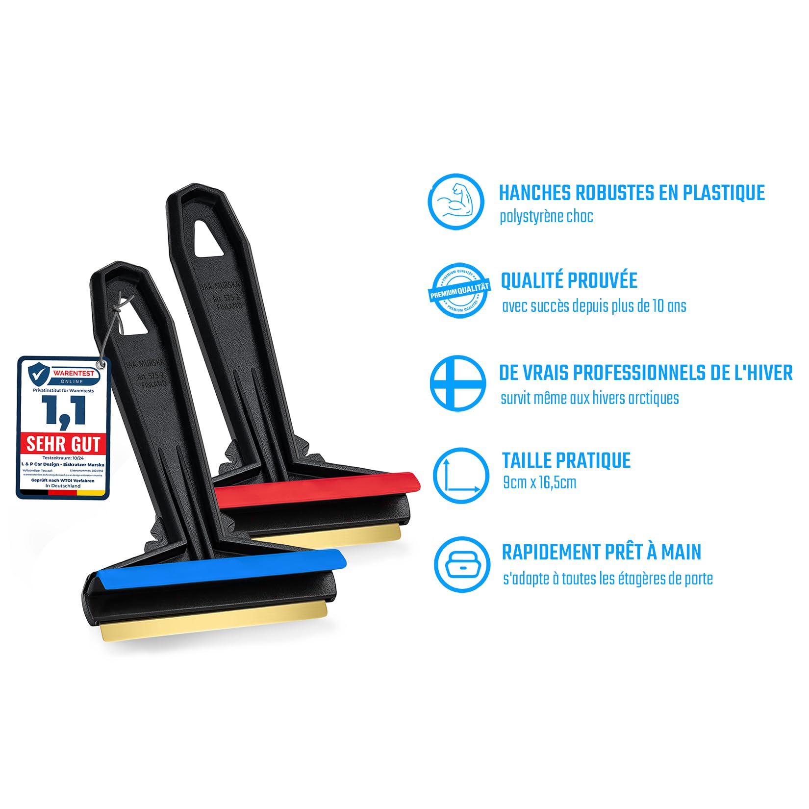 Grattoir pare Brise Voiture - rapide, sans effort et efficace - Murska [ Lot de 2 ] Raclette pare Brise Voiture - lame en laiton - Premium HIPS - Gratte pare Brise Voiture Finlande L&P A054-2
