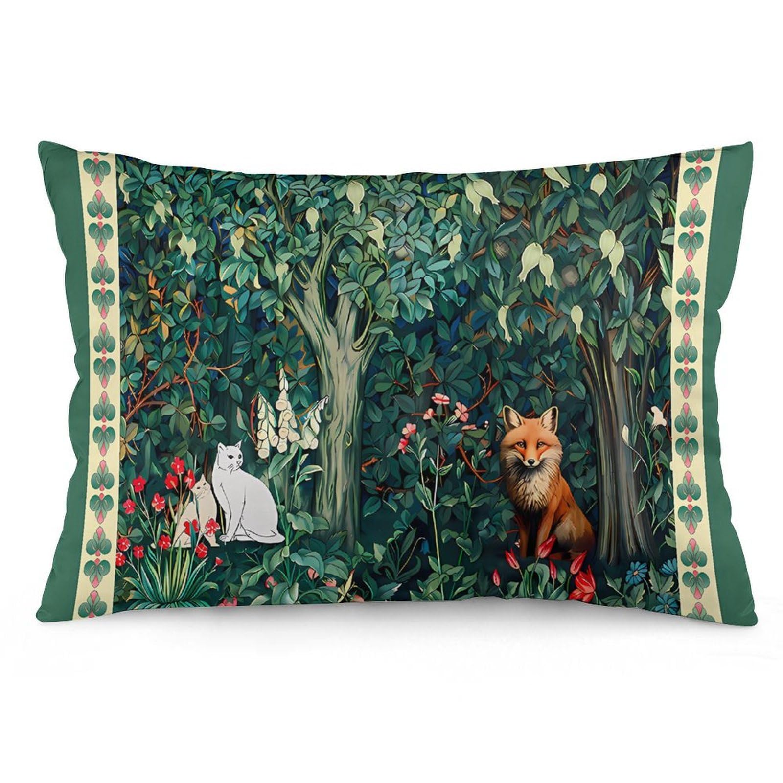 Keebik William Morris Cat Fox Hares Blue Green Floral Fores Throw Pillow Cover Soft Decorative Throw Pillowcases Cushion Case for Home Decor Living Room Bed Couch Car 12x20 Inch