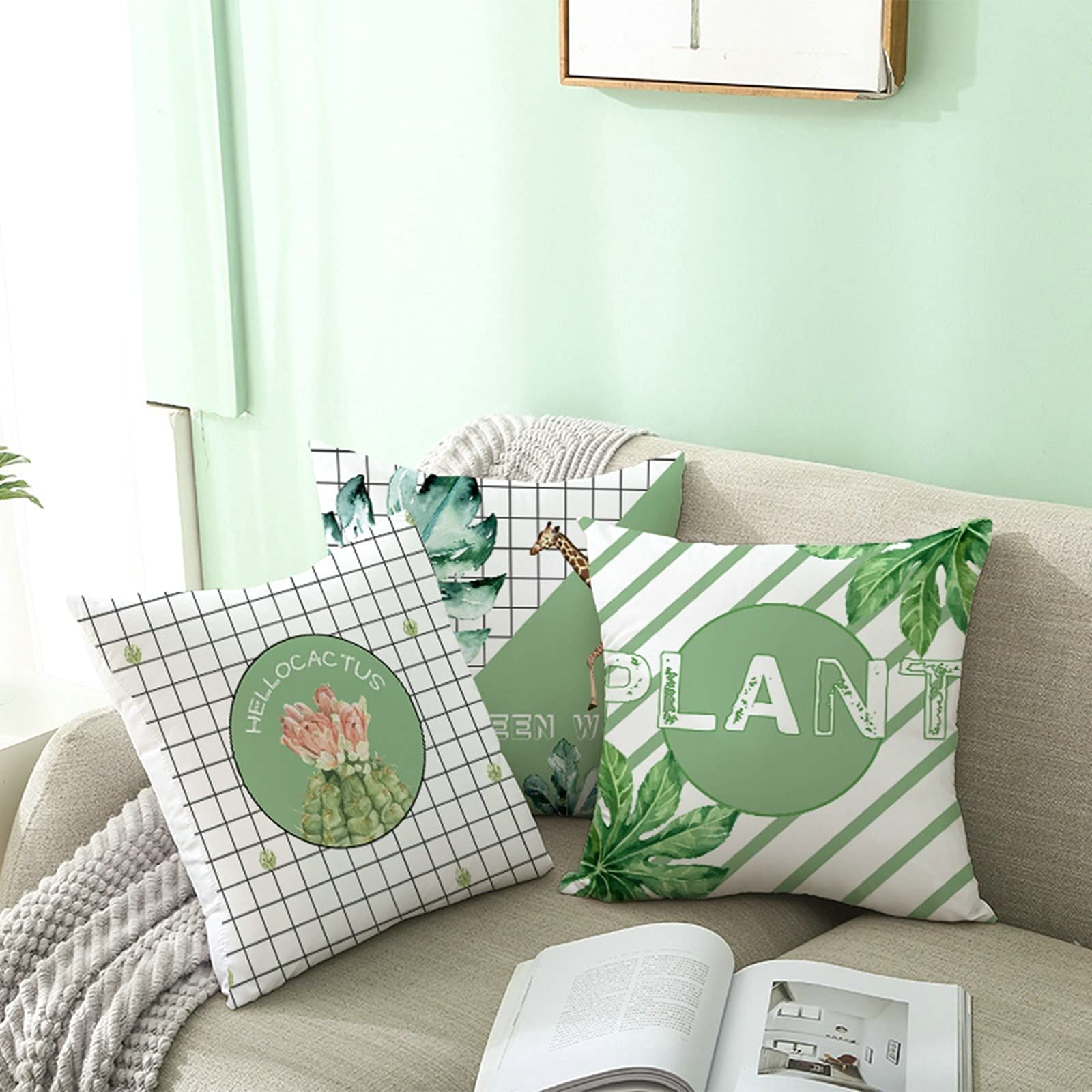 Taies D'oreiller Décoratives 50x50 Cm | Motif Feuilles Vert Gris Blanc, Polyester, Fermeture éclair Cachée