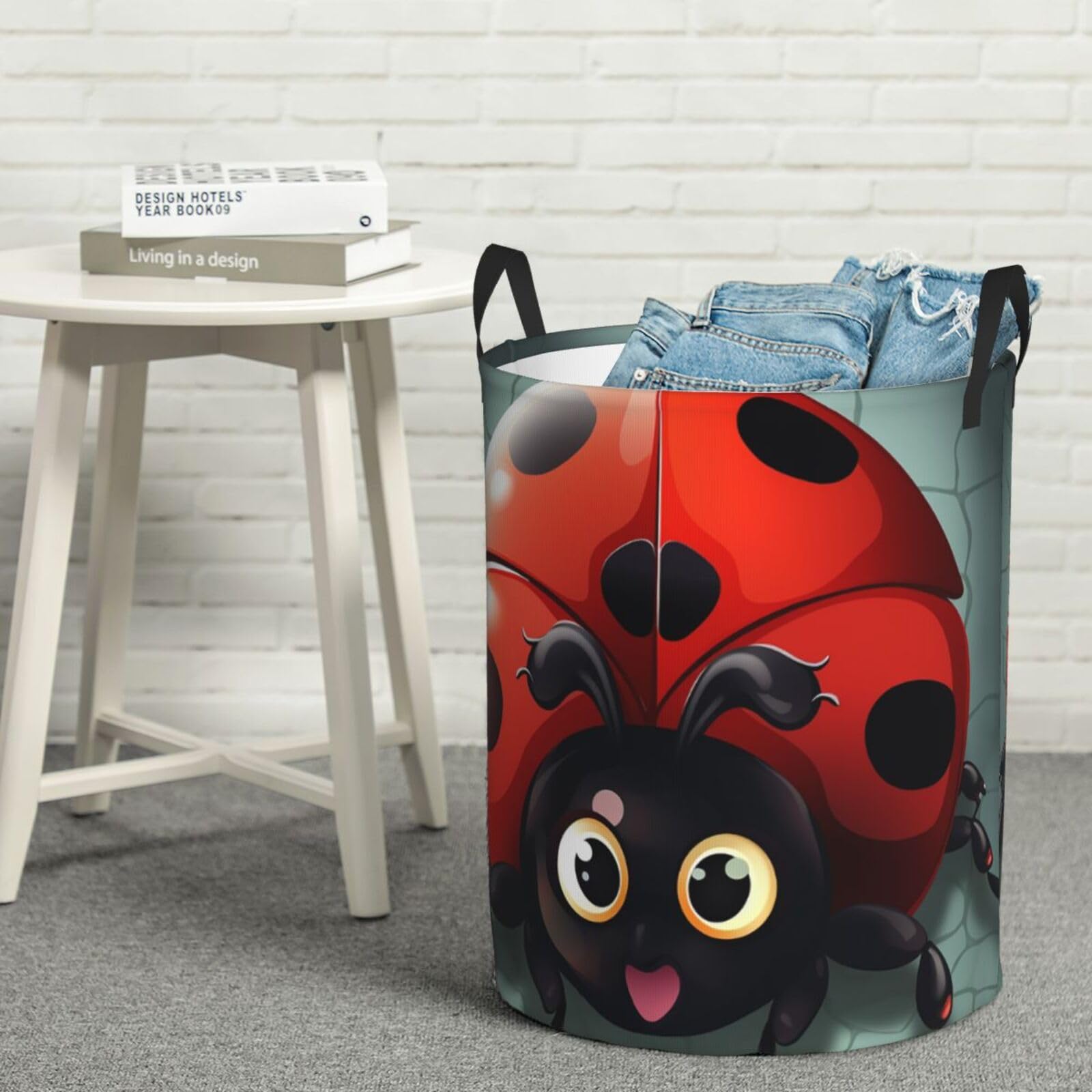 Fodpand Black Cartoon Ladybug Laundry Basket With Handle, Freestanding Laundry Hamper, Collapsible Dirty Clothes Hamper, Waterproof Fabric Blanket Storage Basket Tall Toy Storage Bin Room Decor Small