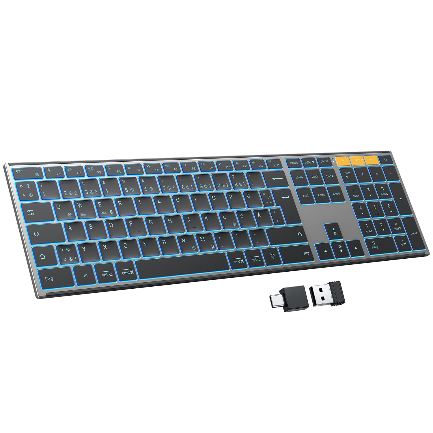 OMOTON Kabellose Tastatur Bluetooth, Metallgehäuse, Deutsches QWERTZ Layout | 2,4G+BT, Beleuchtet, Schlanke Scherenmechanik für Leises Tippen, Wiederaufladbare, für Windows PC/MAC, Büro/Homeoffice
