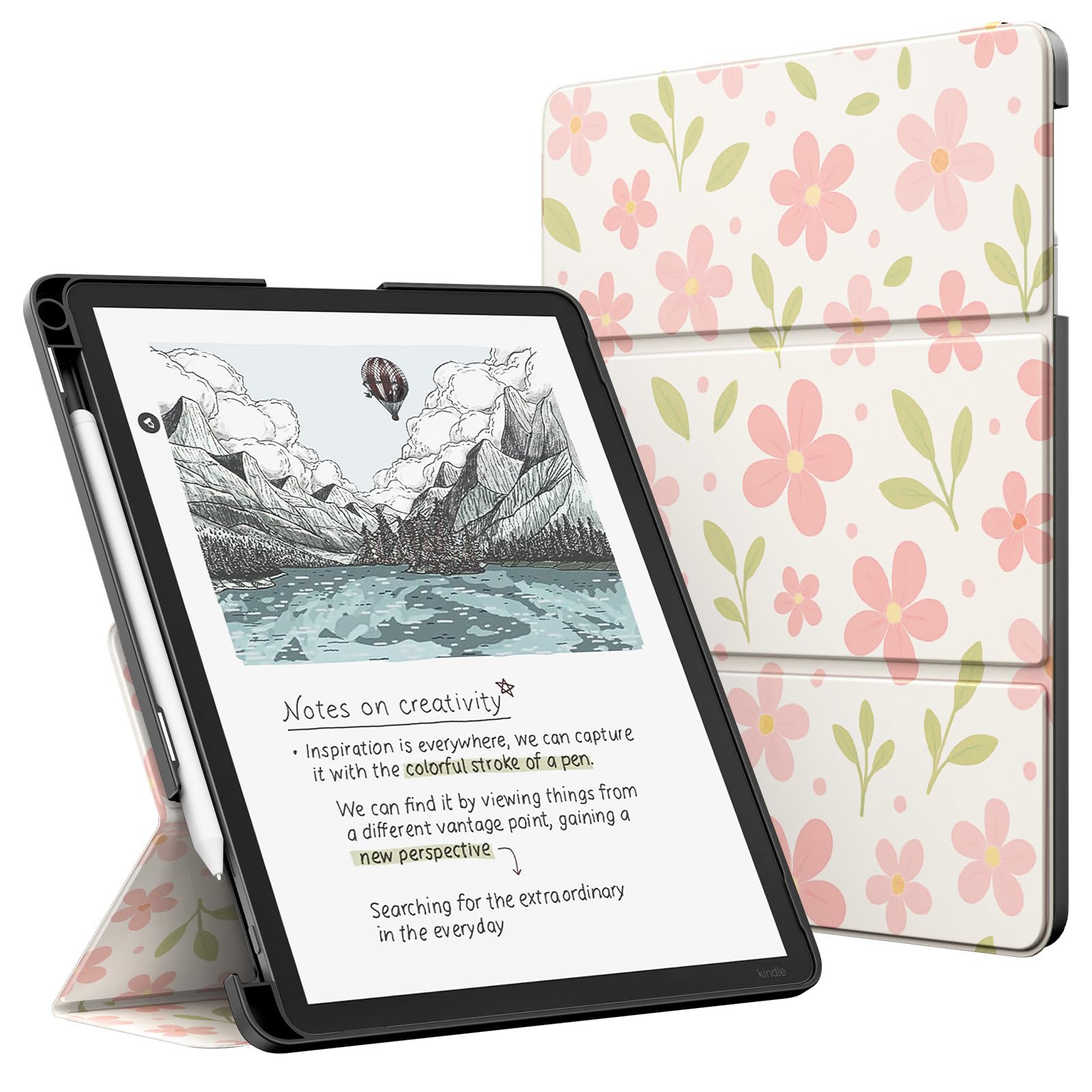 MoKo Étui avec Support for 11" Kindle Scribe(3e Génération-2025) & Kindle Scribe Colorsoft(1e Gén 2025) - étui en Cuir de Qualité Supérieure avec Porte-Stylo, Auto Veille/Réveil, Fleurs et Feuilles