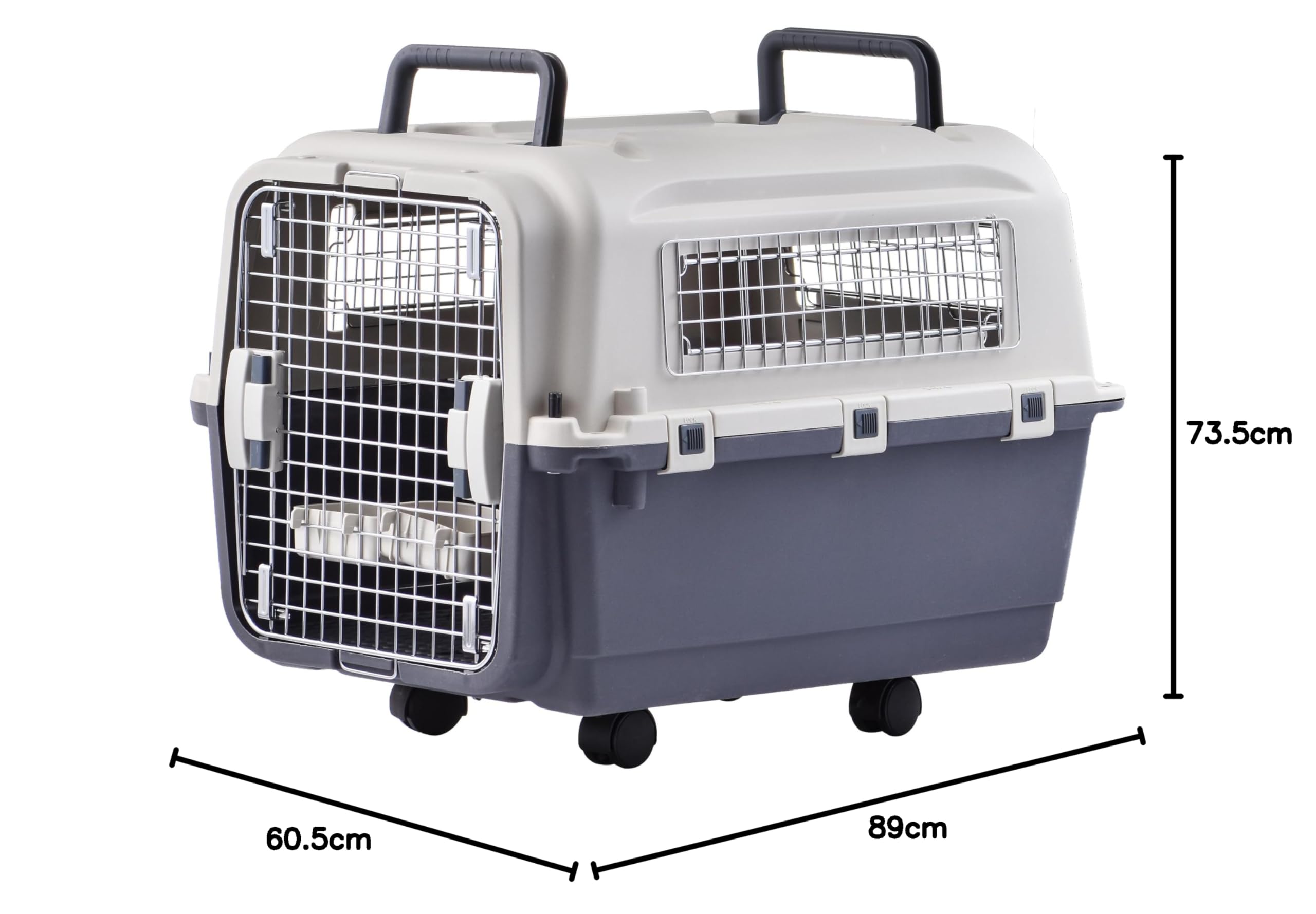 Lanco - Transportín para Perro Grande portatil y Transpirable de Plastico. para Mascotas Perros. Material Resistente. Medidas 89x61x74 cm. Dos Asas. Color Gris y Blanco.