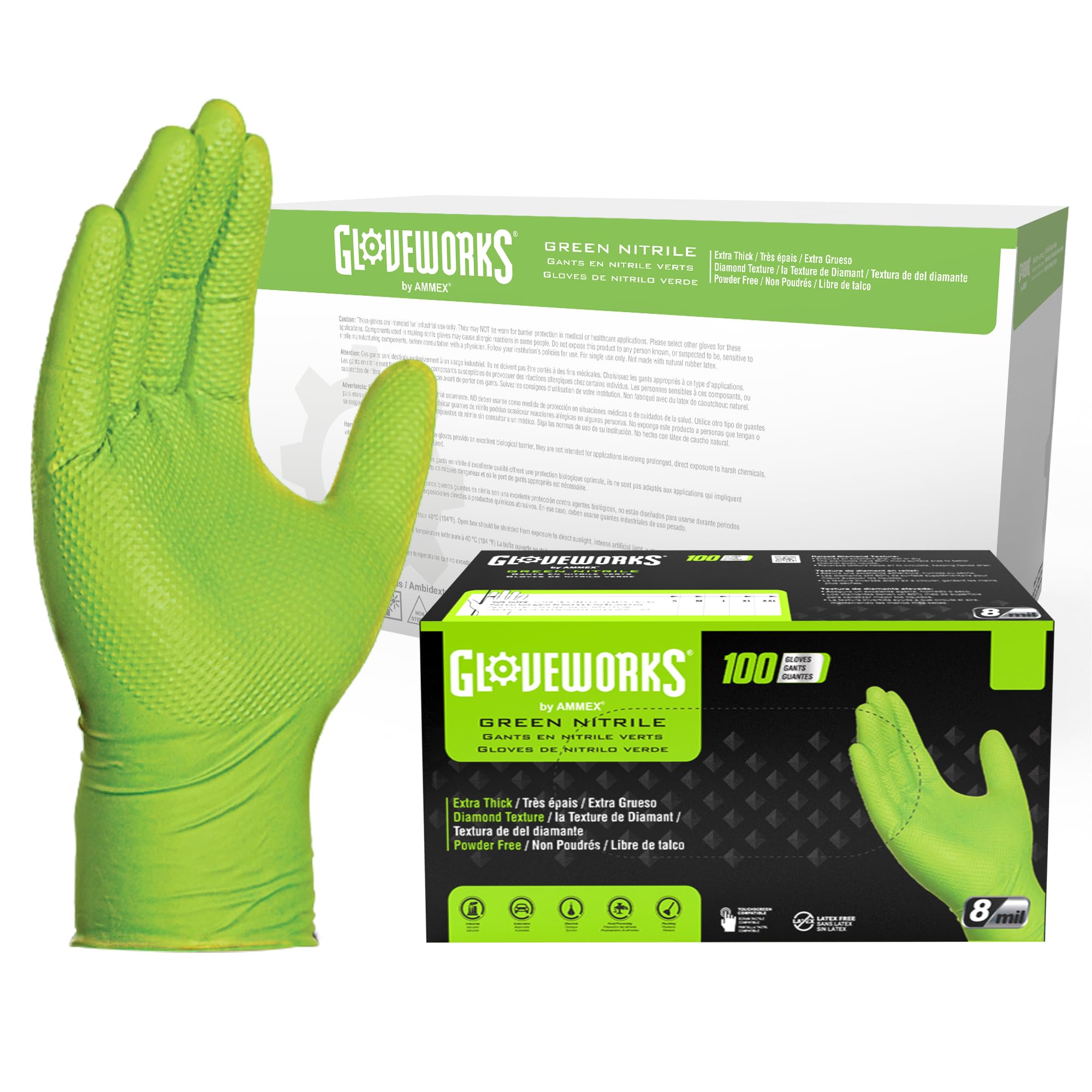GLOVEWORKS HD Green Nitrile Gloves, 8 mil Nitrile Gloves Medium-XXL Sizes, Nitrile Disposable Gloves with Raised Diamond Grip