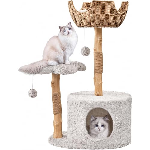 Easyego Modern Cat Tree, 39.9" Aesthetic Wood Cat Tree Tower for Large Cats, Luxury Cat Condo with Scratching Posts and Flower Platforms, Cat Furniture, Bullet Gray