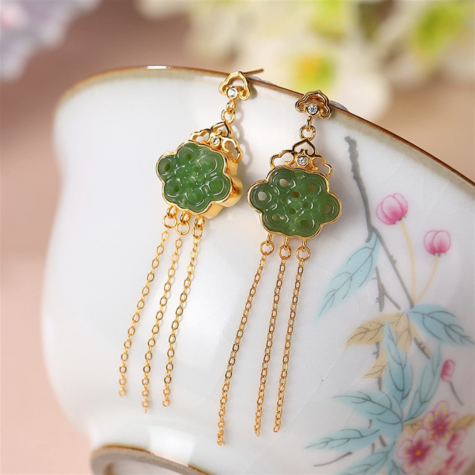 Pendientes de plata S925 chapados en oro con jade hetiano, pendientes con borlas para mujer, joyería para novia