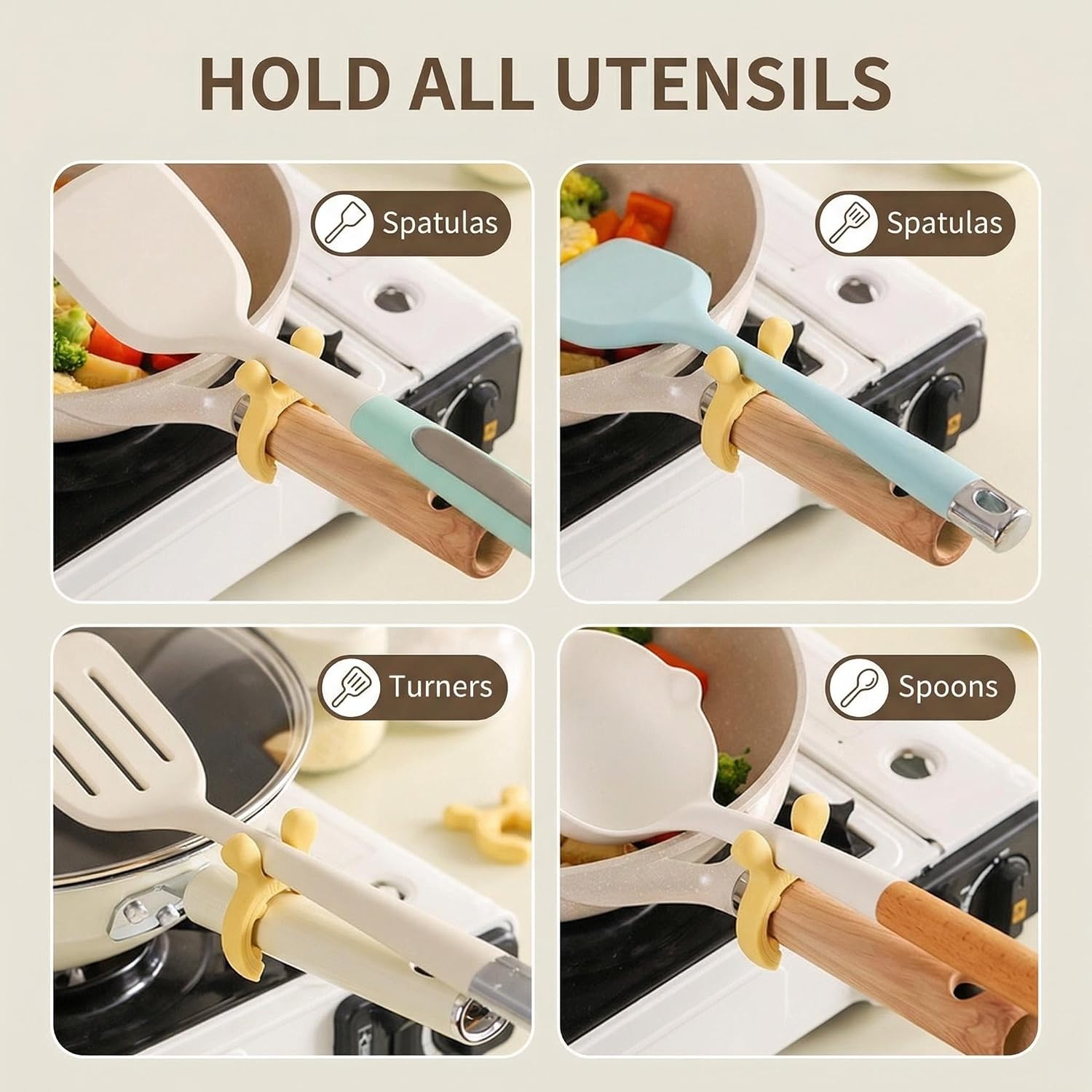 Winb Silicone Spoon Rest, 3 Pack Non-Slip Pot Clip Spatula Holder, Drip-Free, White, Green, Yellow