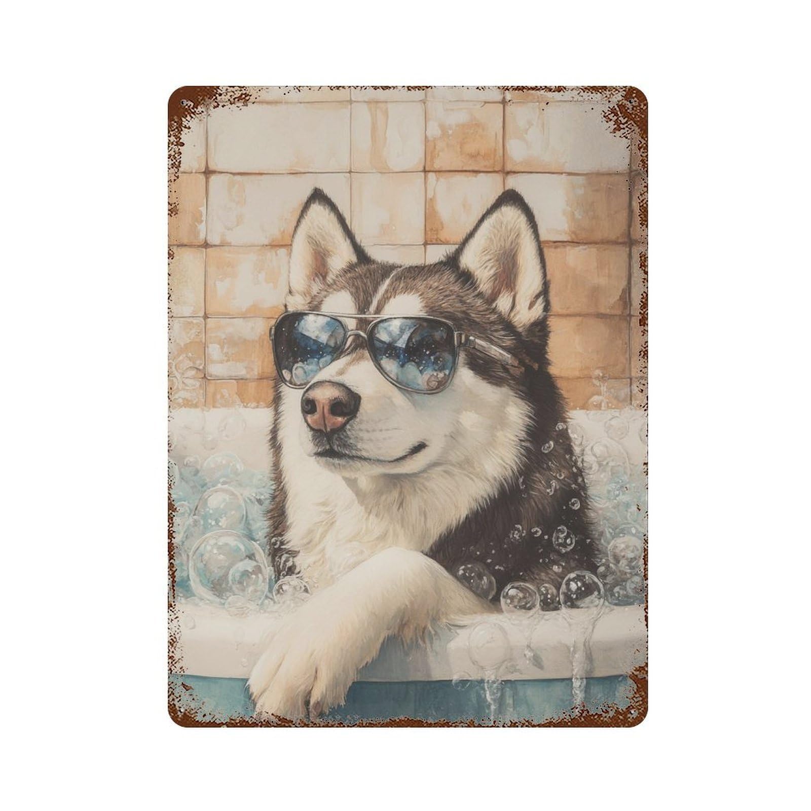Rust Effect Siberian Husky in Bathtub Rustic Tin Plaque 15.7"x11.8", Classic Wall Plaque for Shed, Workshop And Garage Wall Decor