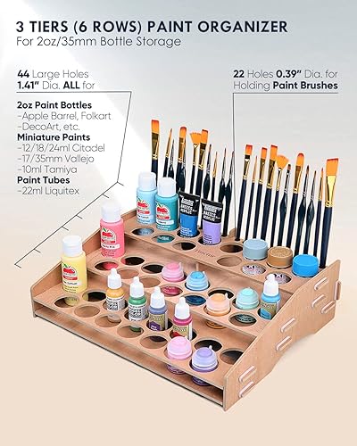 Miniatura 2 de Organizador de pintura de madera y soporte para pinceles de pintura, para 44 botellas y 22 pinceles - Estante de pintura acrílica miniatura para