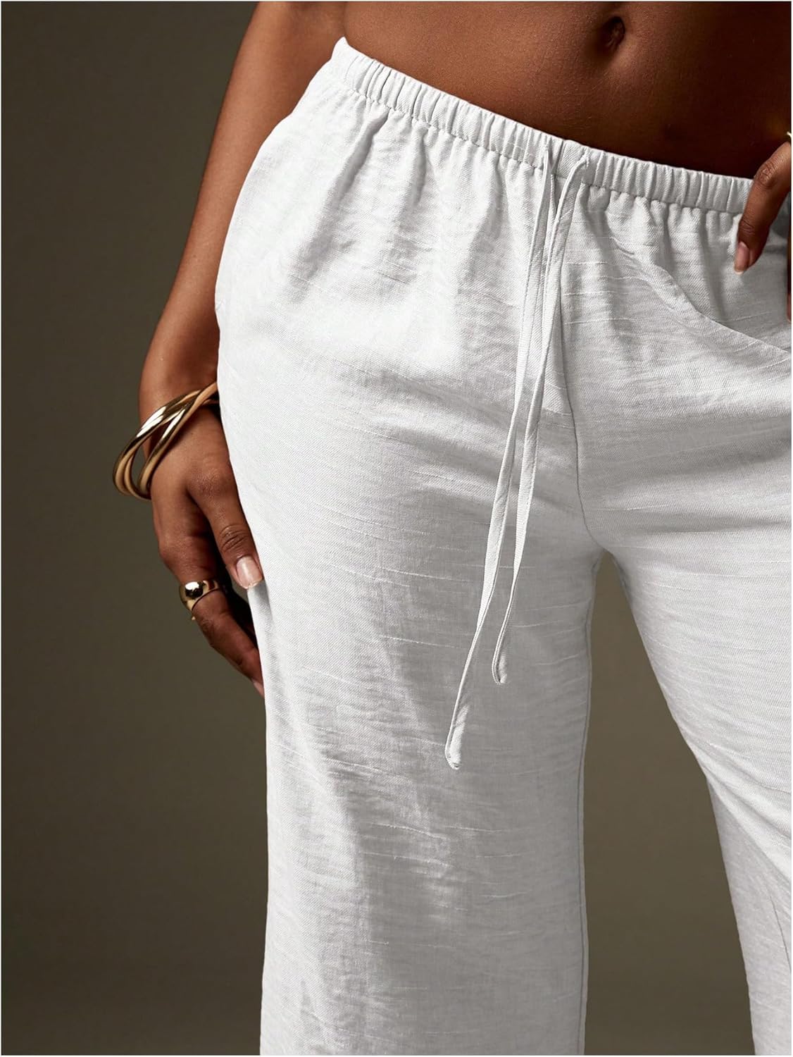 Women's Wide Leg Casual Pants Drawstring Waist Low Rise Boho Trousers Beach Resort Outfit with Pockets - Image 4