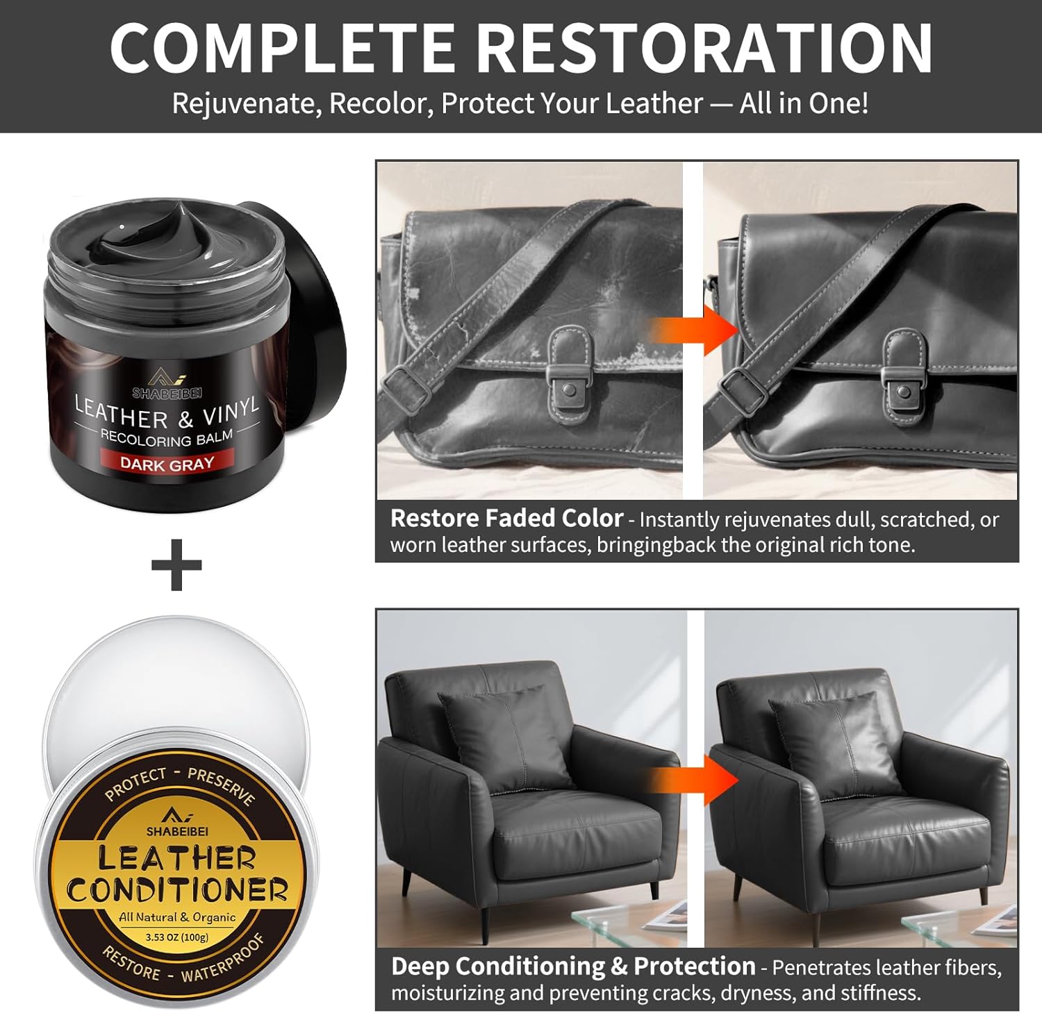 Leather Recoloring Balm with 100ml Mink Oil, Dark Gray Leather Repair Kit and Scratch Remover for Furniture, Car Seats, Sofas, Dye & Restorer for Couches, Vinyl, PU, Faux