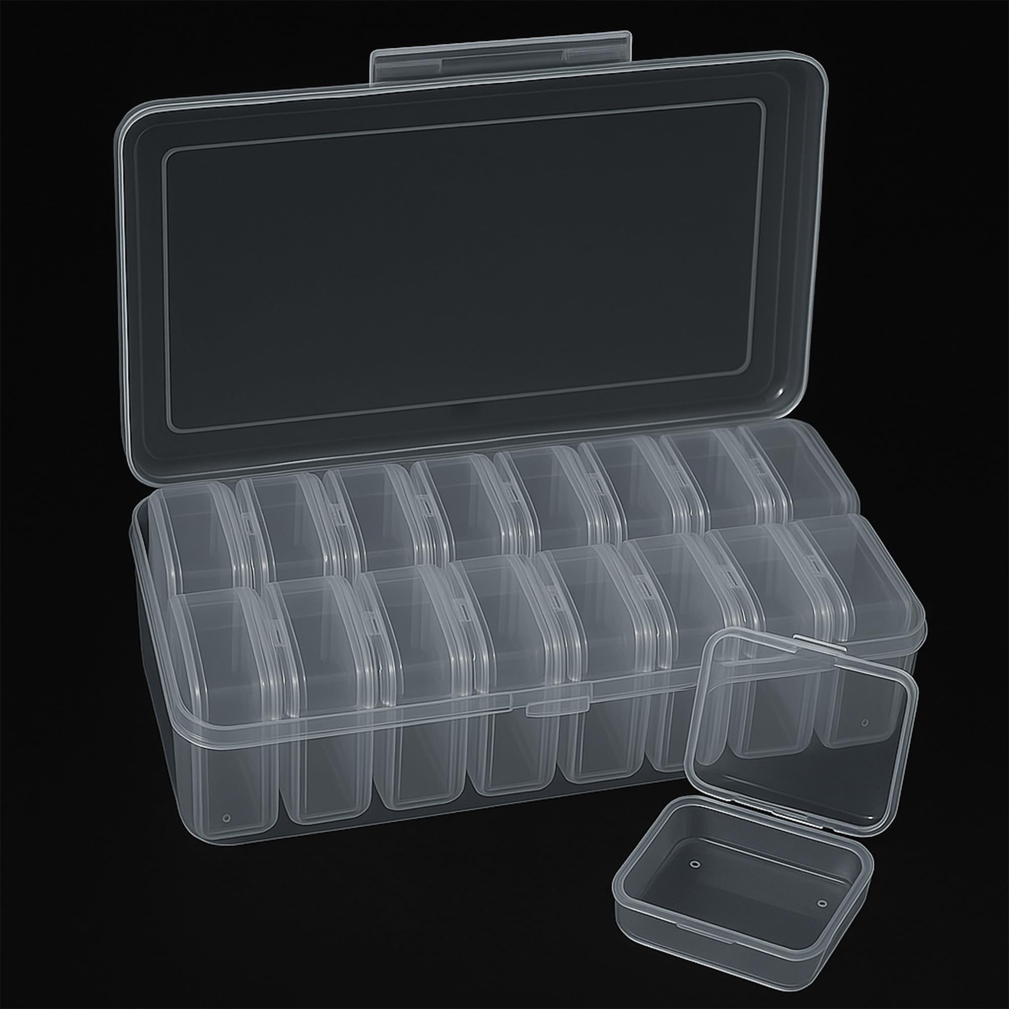 Juego de cajas de almacenamiento de plástico de 18 piezas, incluye 1 caja organizadora grande (8 x 4.7 x 2.4 pulgadas) y 18 cajas pequeñas (2.2 x 2.2 x 0.8 pulgadas) para organización del