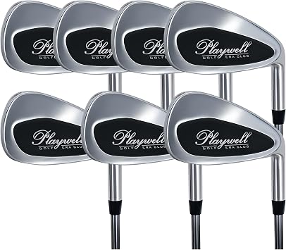 طقم مكاوي جولف PLAYWELL للرجال - 7 قطع مكاوي جولف لليد اليمنى - 5،6،7،8،9،S،W-Pitching & Sand Wedge - عمود فولاذي مرن عادي،طقم نادي جولف مكون من 7 قطع - فضي وأسود لليد اليمنى